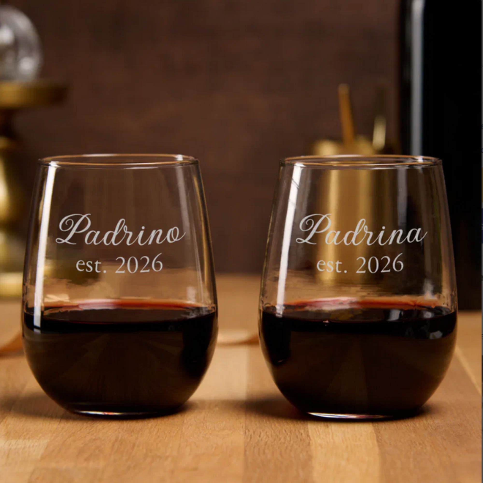 Padrino and Padrina etched stemless wine glasses set with established date. Personalized Italian heritage gift for godparents, baptism gift, christening gift, confirmation gift, anniversary gift, Christmas gift, wedding gift, gift for Italian godparents. 