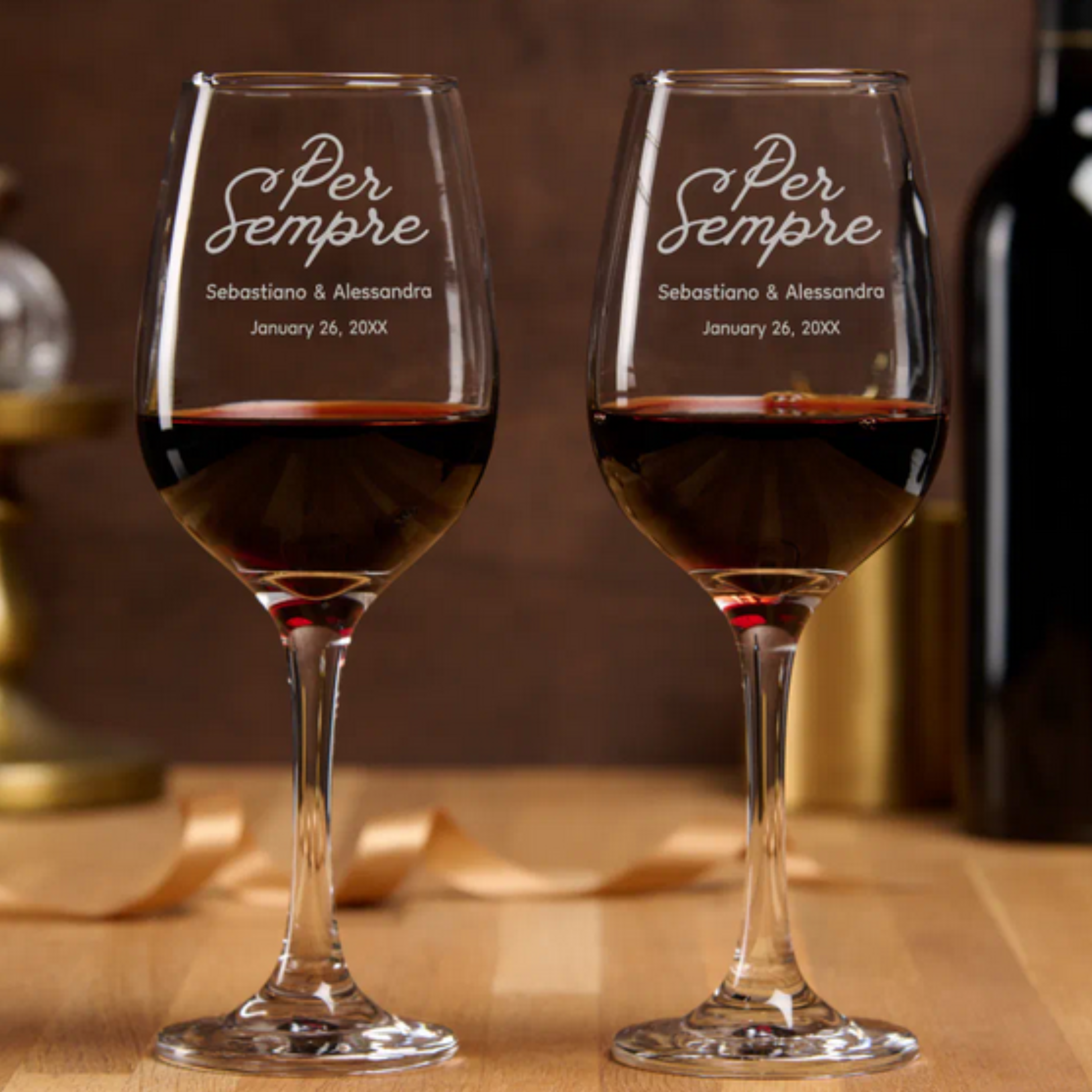 Etched wine glasses set with Per Sempre (forever) in script with names and date of event. Italian and Sicilian heritage gift, Italian wine glasses, romantic Italian gift, Italian wedding gift, anniversary gift, personalized Italian gift, Italian American gift, gift for Italian family, Italian celebration glassware, Italian table decor.
