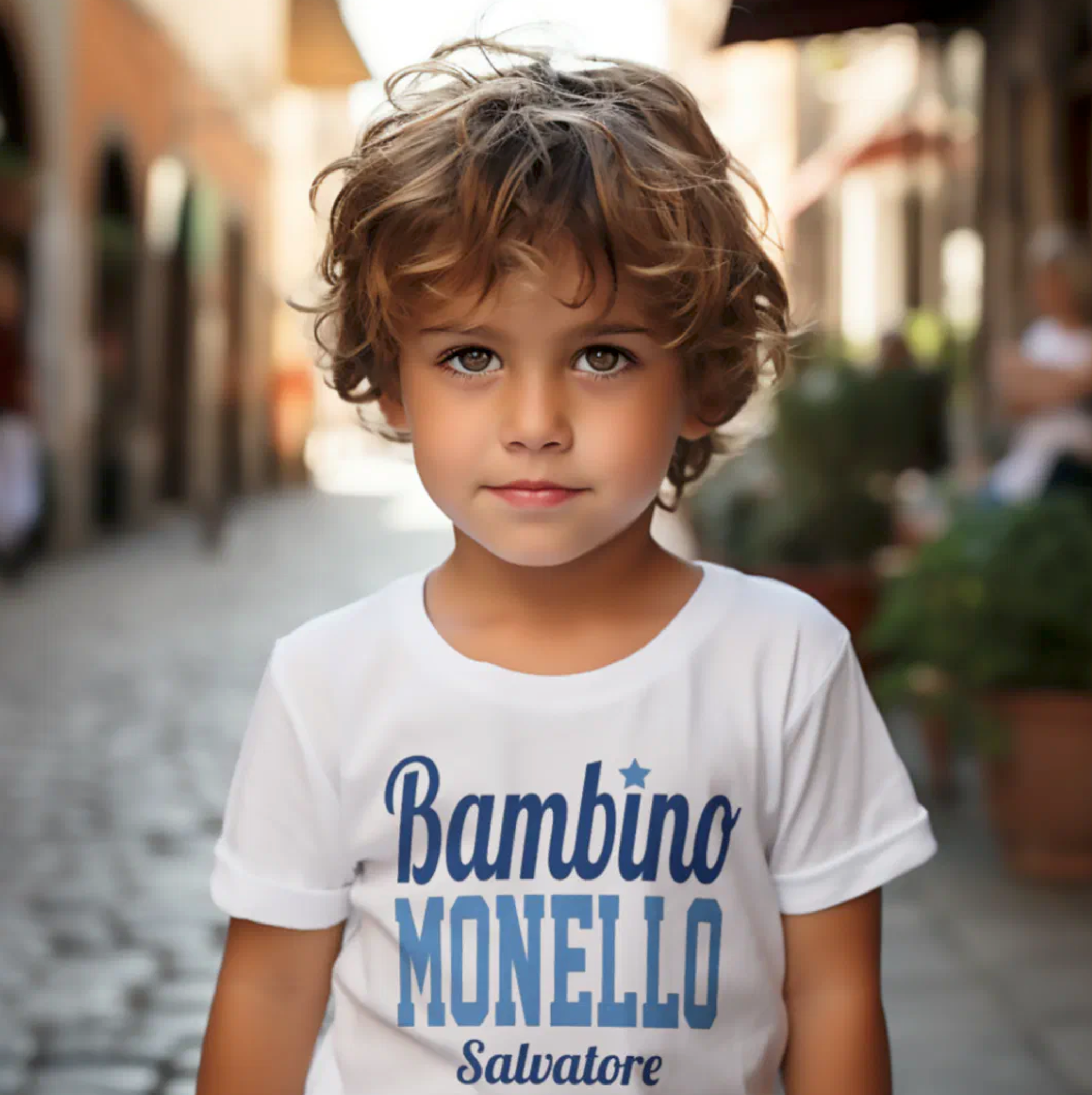 White t-shirt with 'Bambino Monello' (Naughty Boy) in vintage athletic script and serif fonts in blue tones, personalized with child's name. Italian heritage kids apparel, gift for him, gift for son, custom children's clothing, birthday gift, Christmas gift, and playful tee for Italian boy personality. 