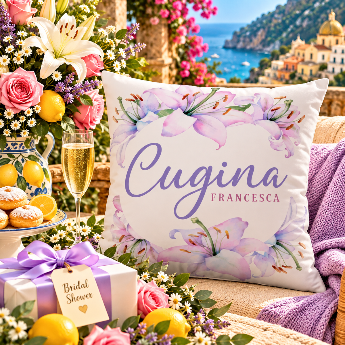 Personalized Cugina (Italian for cousin) Francesca floral pillow with lavender lilies, styled for an Italian bridal shower with champagne, pink roses, lemons, and Amalfi Coast décor.
