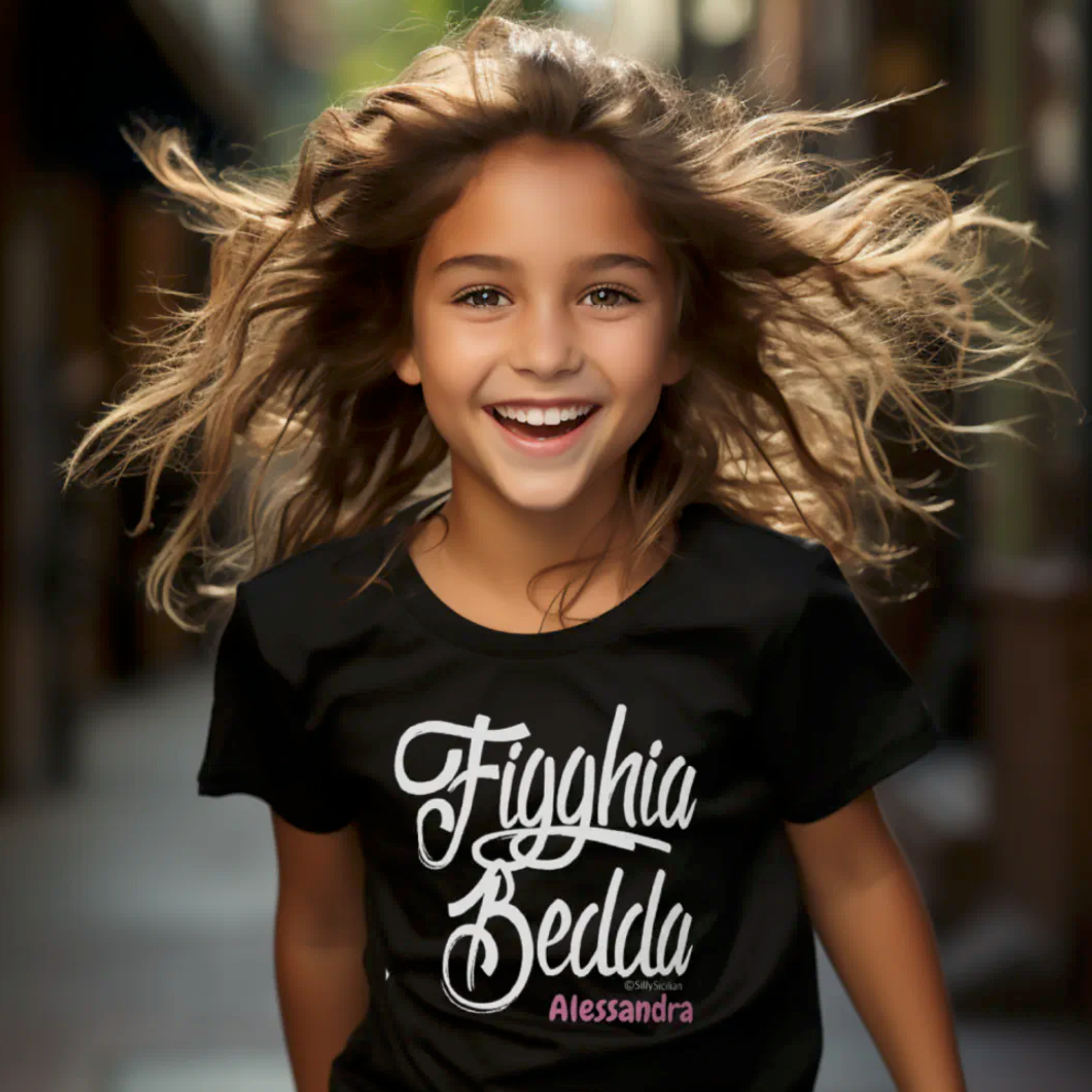 Black t-shirt with 'Figghia Bedda' (Beautiful Daughter) in script, personalized with child's name. Sicilian heritage kids apparel, gift for her, gift for daughter, custom children's clothing, birthday gift, Christmas gift, and adorable tee for Sicilian girl pride. 