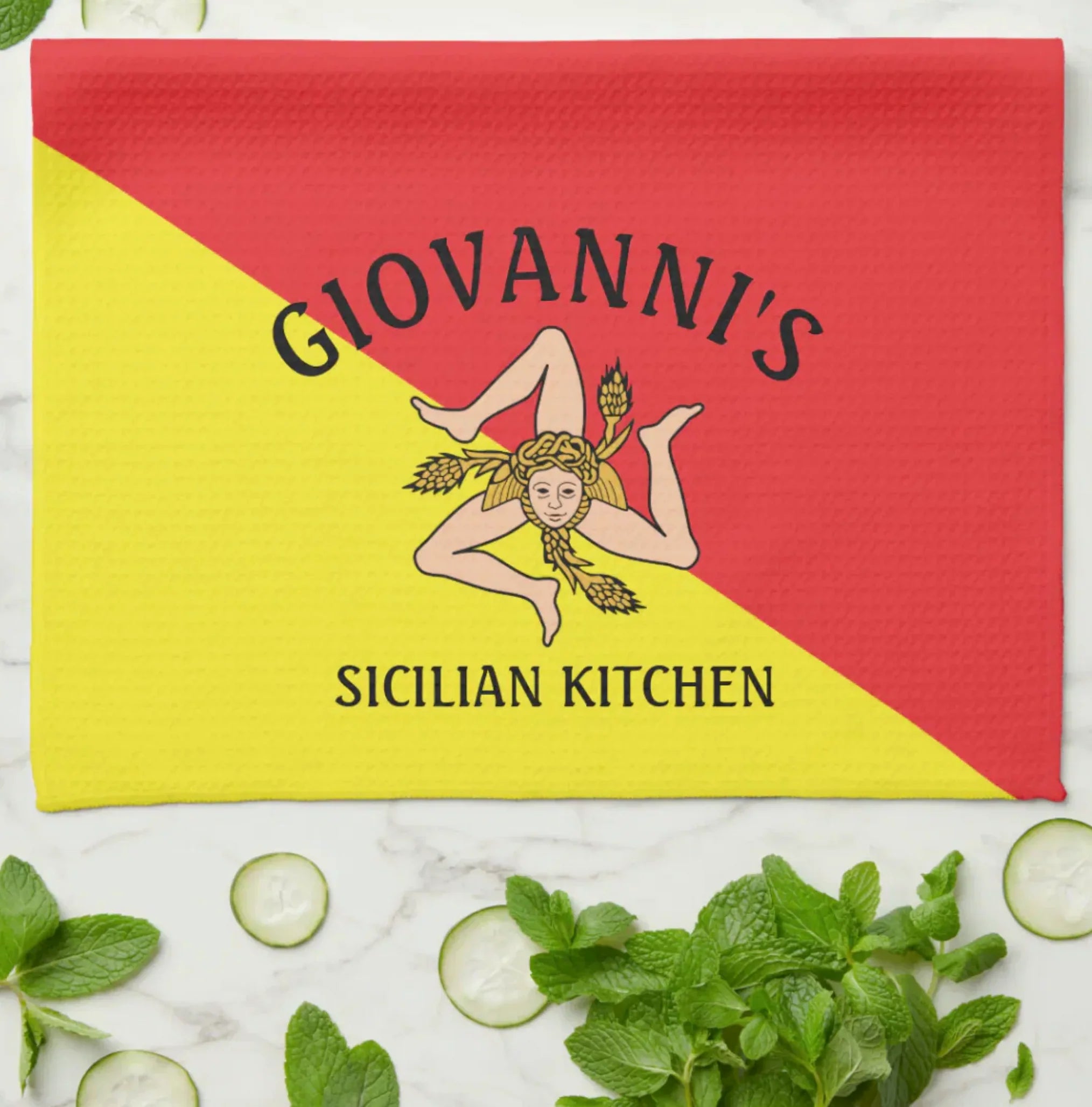 Italian Kitchen Towel with Flag of Sicily and personalized wording