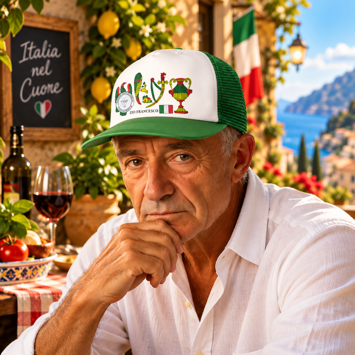 Italian grandfather wearing a personalized green and white Italian trucker hat printed with traditional Italian Scopa or Briscola cards