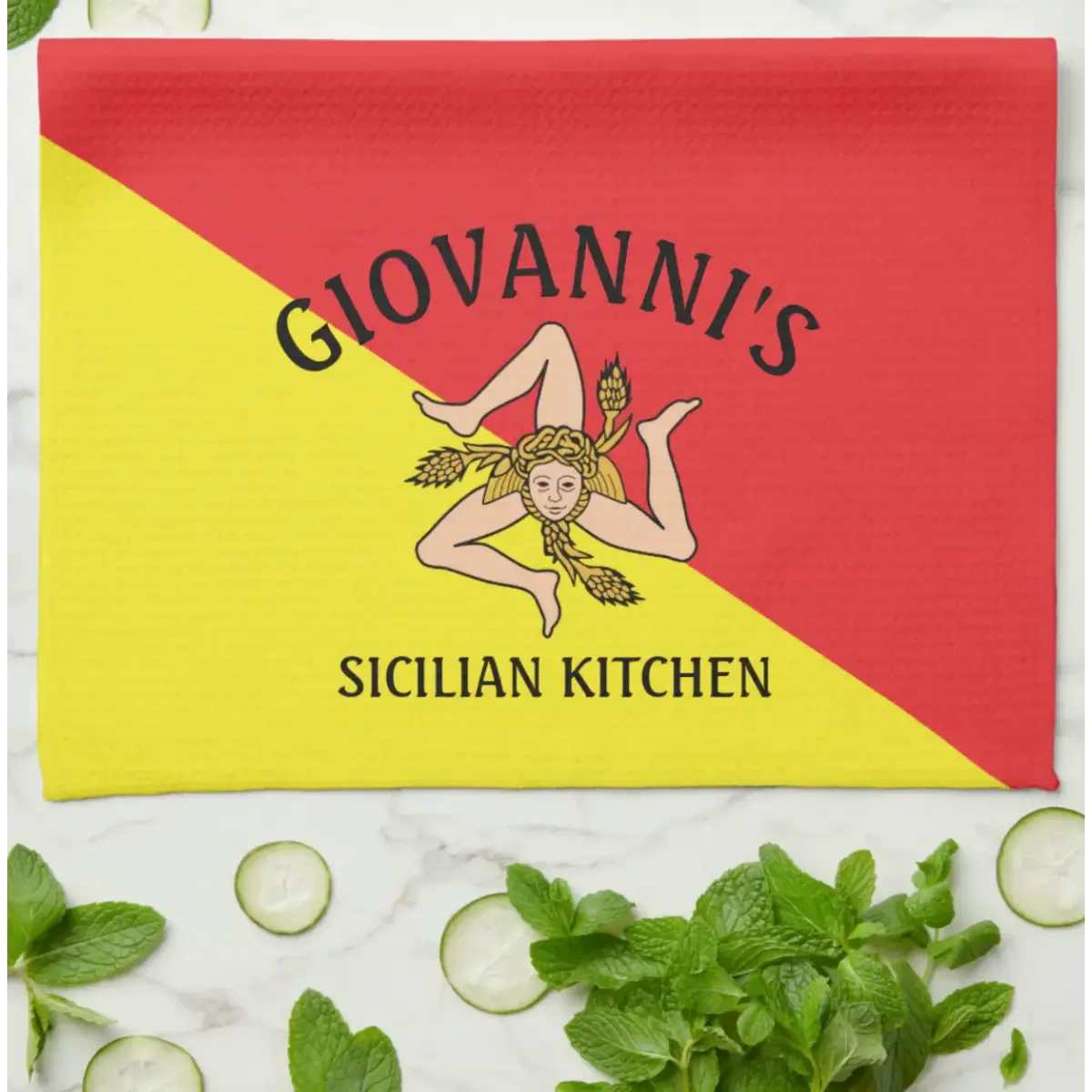 Italian Kitchen Towel with Flag of Sicily and personalized wording