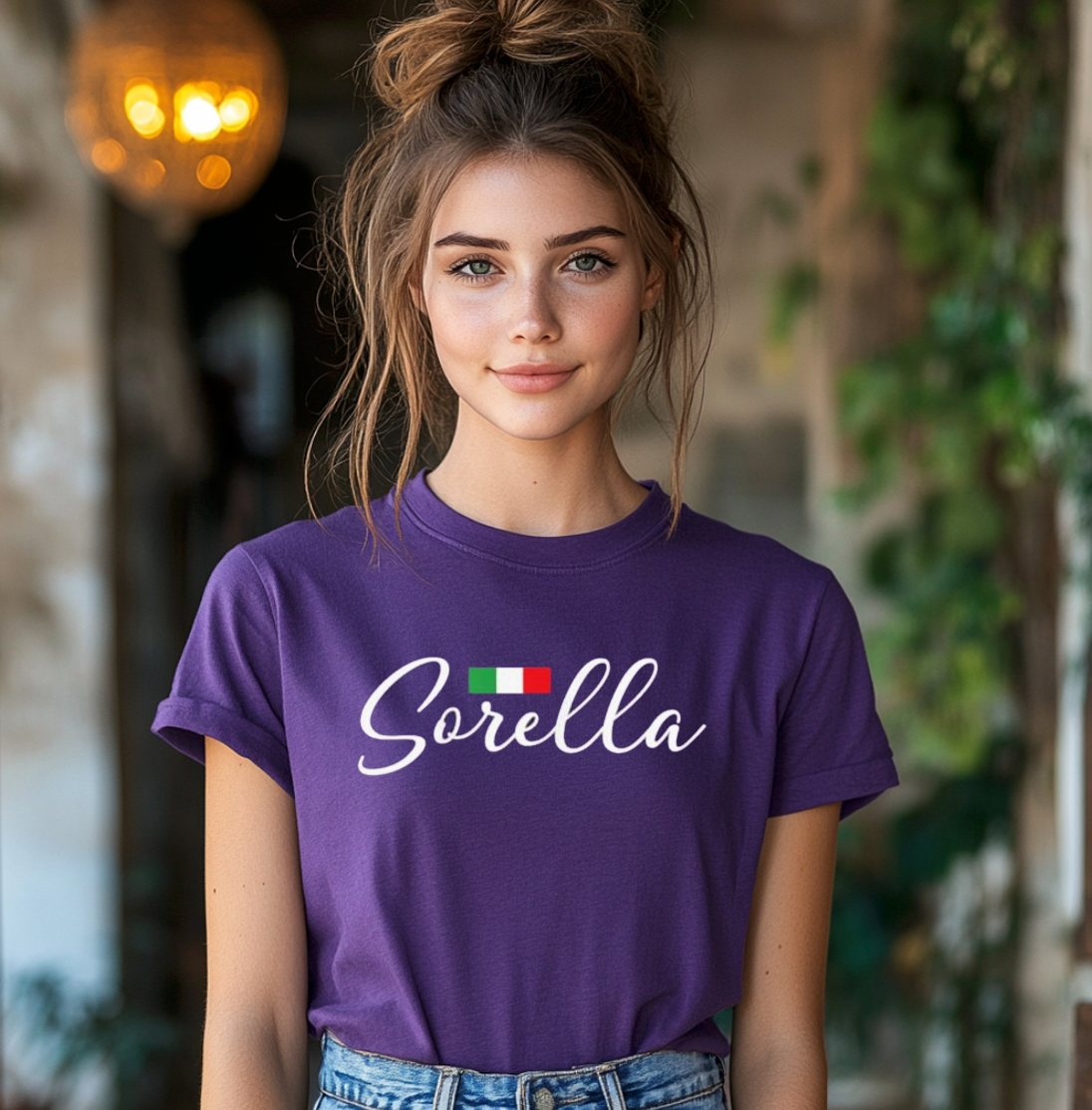 Woman wearing purple Sorella t-shirt with Italian flag design - Italian heritage apparel gift.
