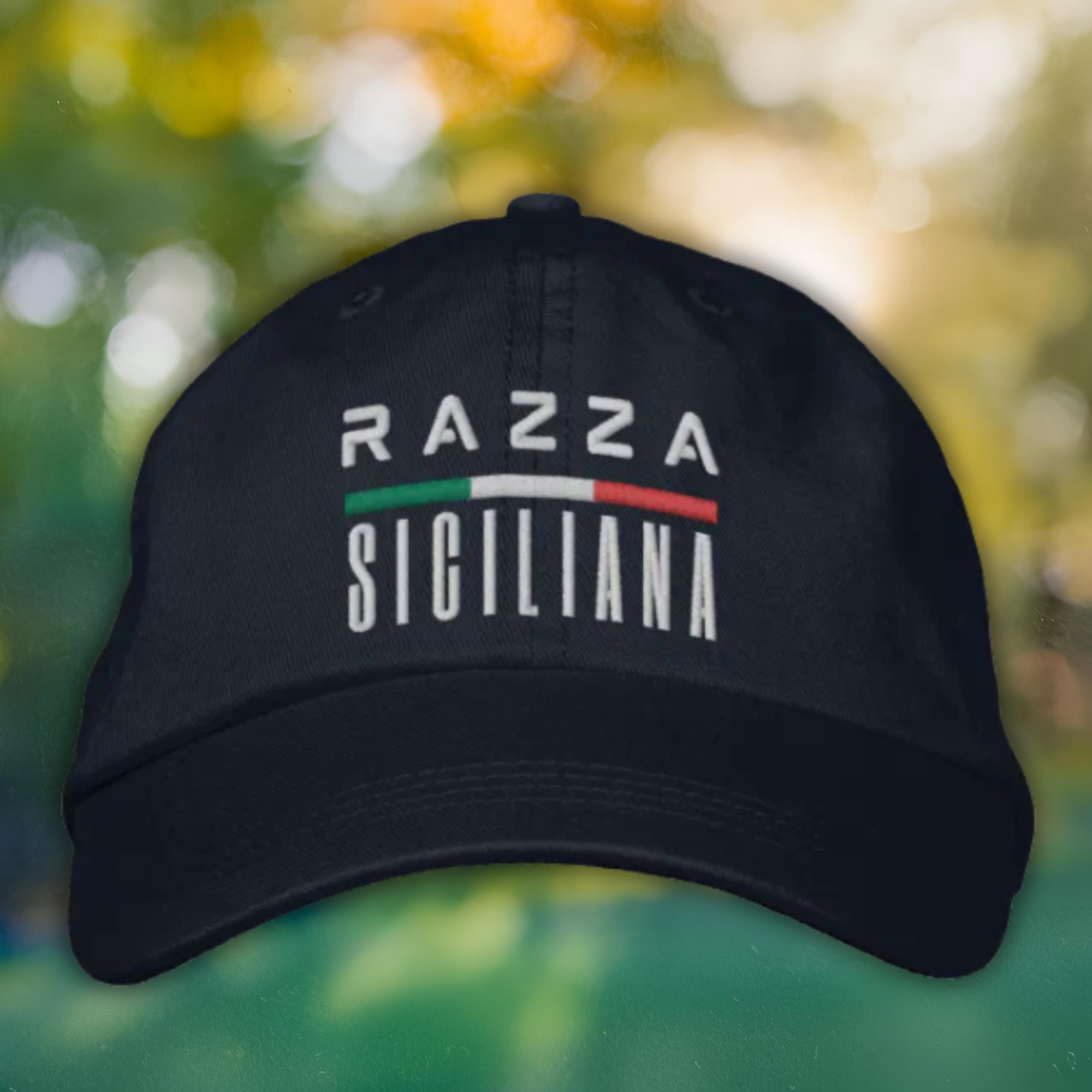 Black embroidered cap with 'Razza Siciliana' (Sicilian Breed) and Italian flag detail. Sicilian heritage accessory, gift for him, gift for her, Sicilian pride hat, birthday gift, Christmas gift, and bold cap for Sicilian breed attitude. 