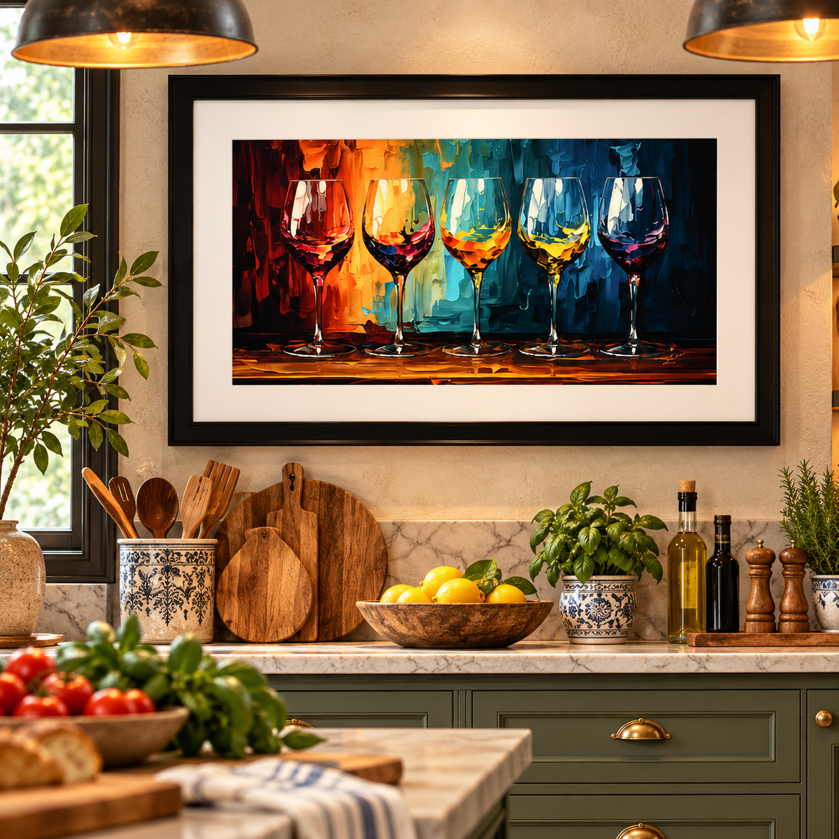 Colorful wine glasses fine art print in an elegant black frame, beautifully displayed in a stylish Italian-inspired kitchen. Vibrant wine-themed wall art adds warmth and personality to kitchen, dining room or home bar decor. A unique gift for wine lovers.

