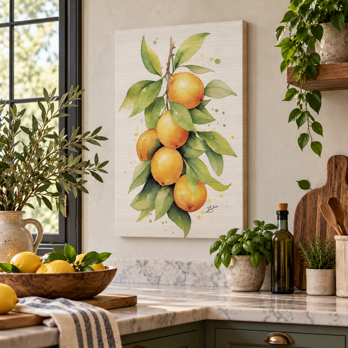 Brighten your kitchen with this charming watercolor oranges canvas wall art, featuring sun-kissed citrus and lush green leaves. Beautifully displayed in a Mediterranean-inspired kitchen, this vibrant botanical artwork brings a fresh touch of Italian countryside charm to farmhouse kitchens, dining rooms and Tuscan-style home decor. A lovely gift for citrus lovers!