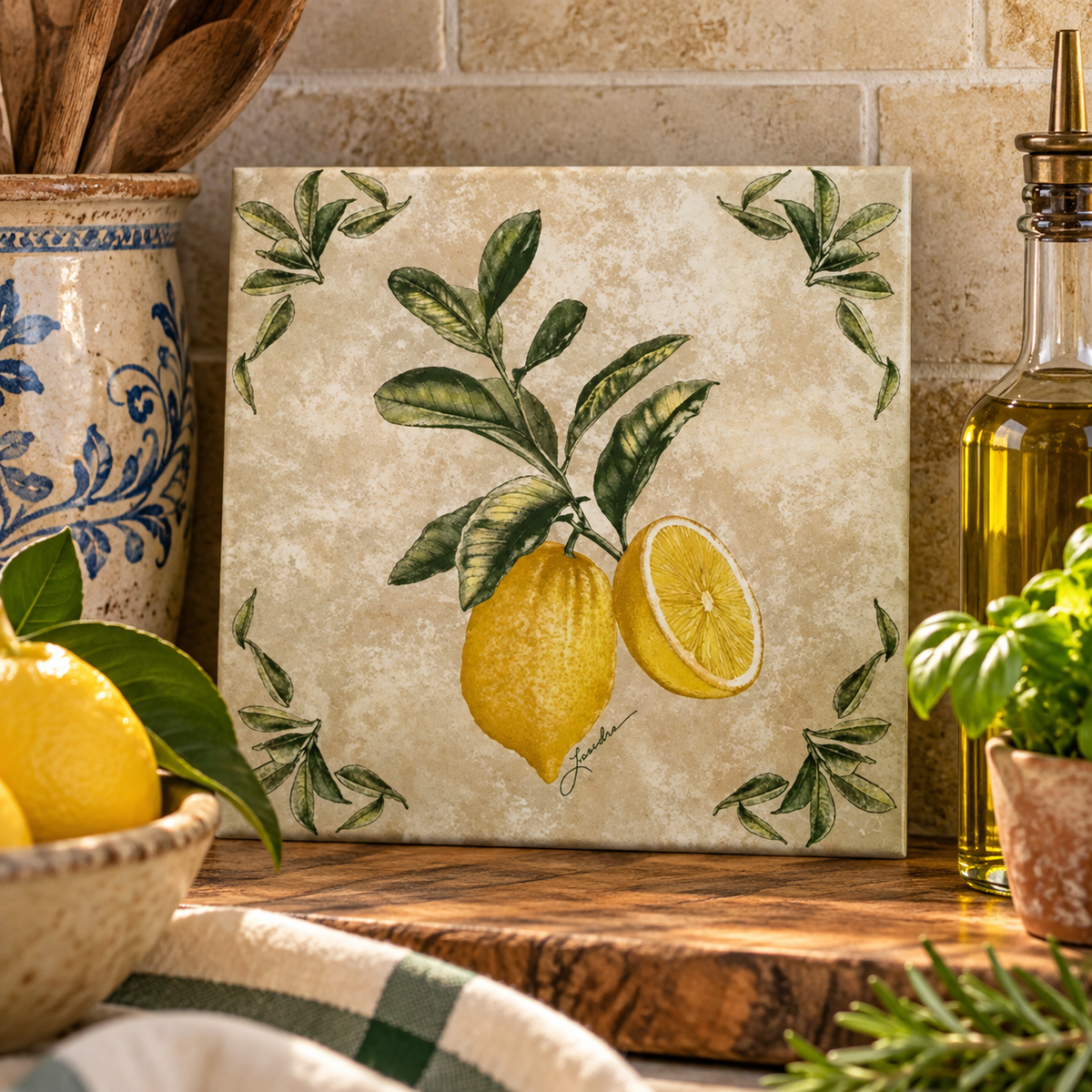 Vintage rustic lemons Kitchen backsplash tile for Mediterranean Italian European Decor Signed by the artist