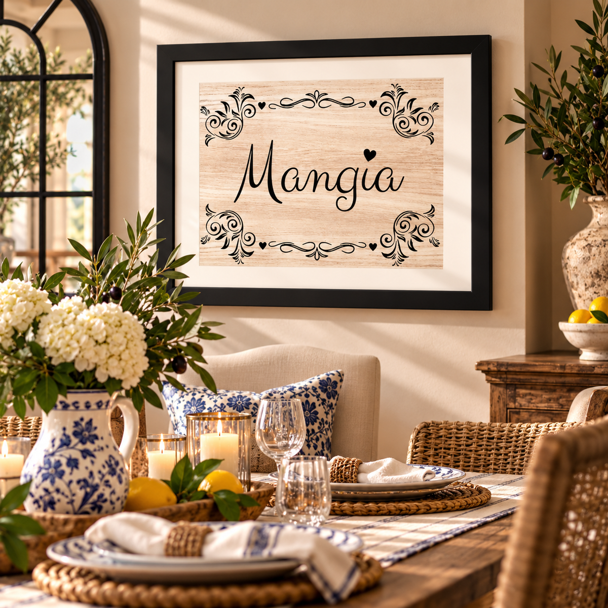Make every meal feel like a celebration of *la dolce vita* with this beautiful “Mangia” Italian framed wall art! Featuring graceful black lettering, ornamental scrollwork and charming hearts, this rustic Italian saying print adds warmth and personality to dining rooms, breakfast nooks and Tuscan-inspired homes. Perfect for creating a welcoming space where family and friends gather, laugh and share delicious meals. A thoughtful Italian housewarming, wedding or hostess gift for anyone who believes food tastes