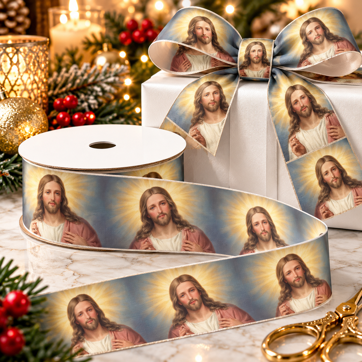 Jesus Christ religious satin ribbon with repeating portraits of Jesus, styled as a Christmas gift bow. Christian ribbon for holiday gift wrapping, Easter and religious celebrations.
