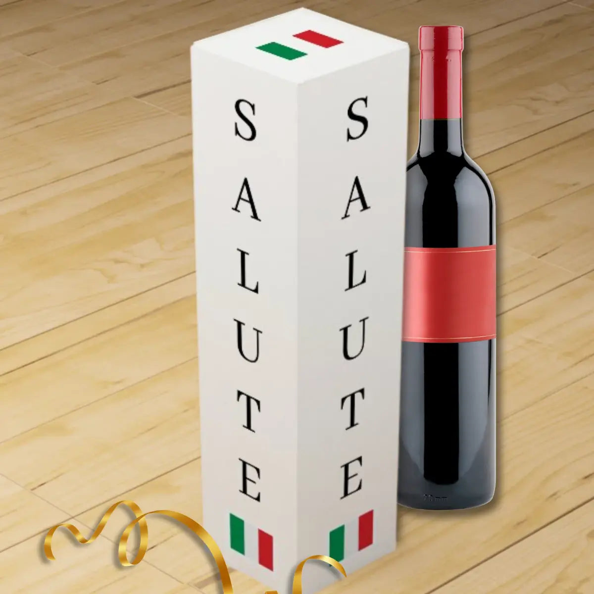 Wine box with Salute text and Italian flag icons - Italian celebration gift box.
