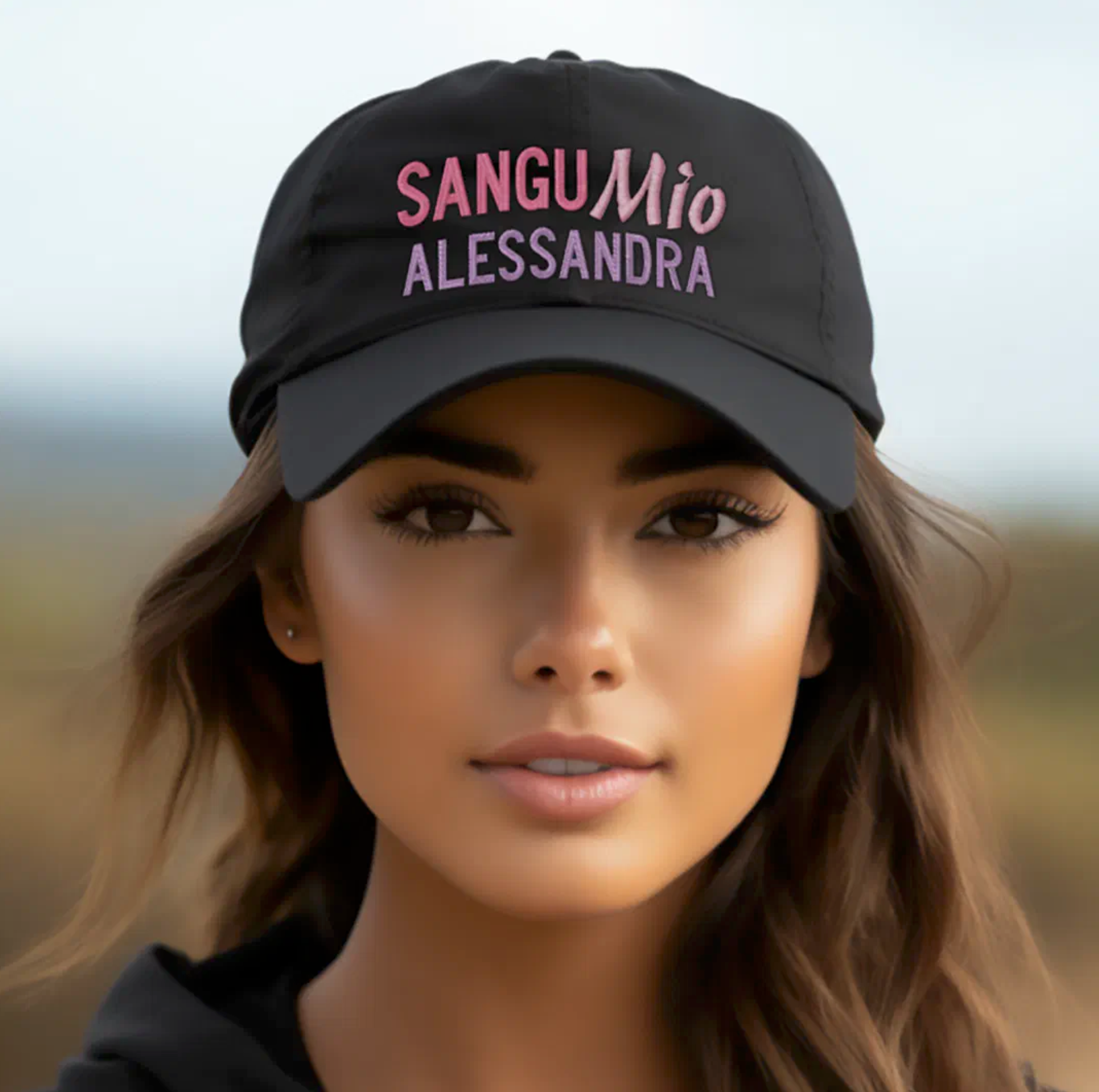 Woman wearing a black cap with 'SANGU Mio personalized hat Sicilian heritage (My Blood) gift for her, gift for mom, gift for sister, gift for cousin, gift for grandma, gift for nonna, gift for zia.