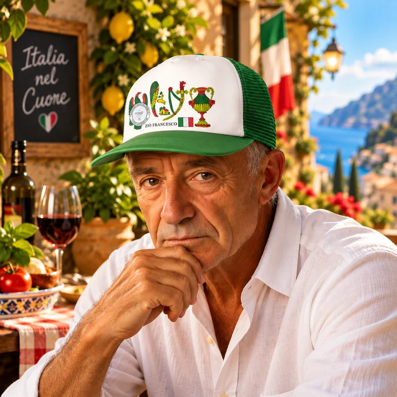 Italian man sitting in a charming courtyard wearing a personalized green and white Italian trucker hat printed with  traditional Italian Scopa or Briscola cards suites.;