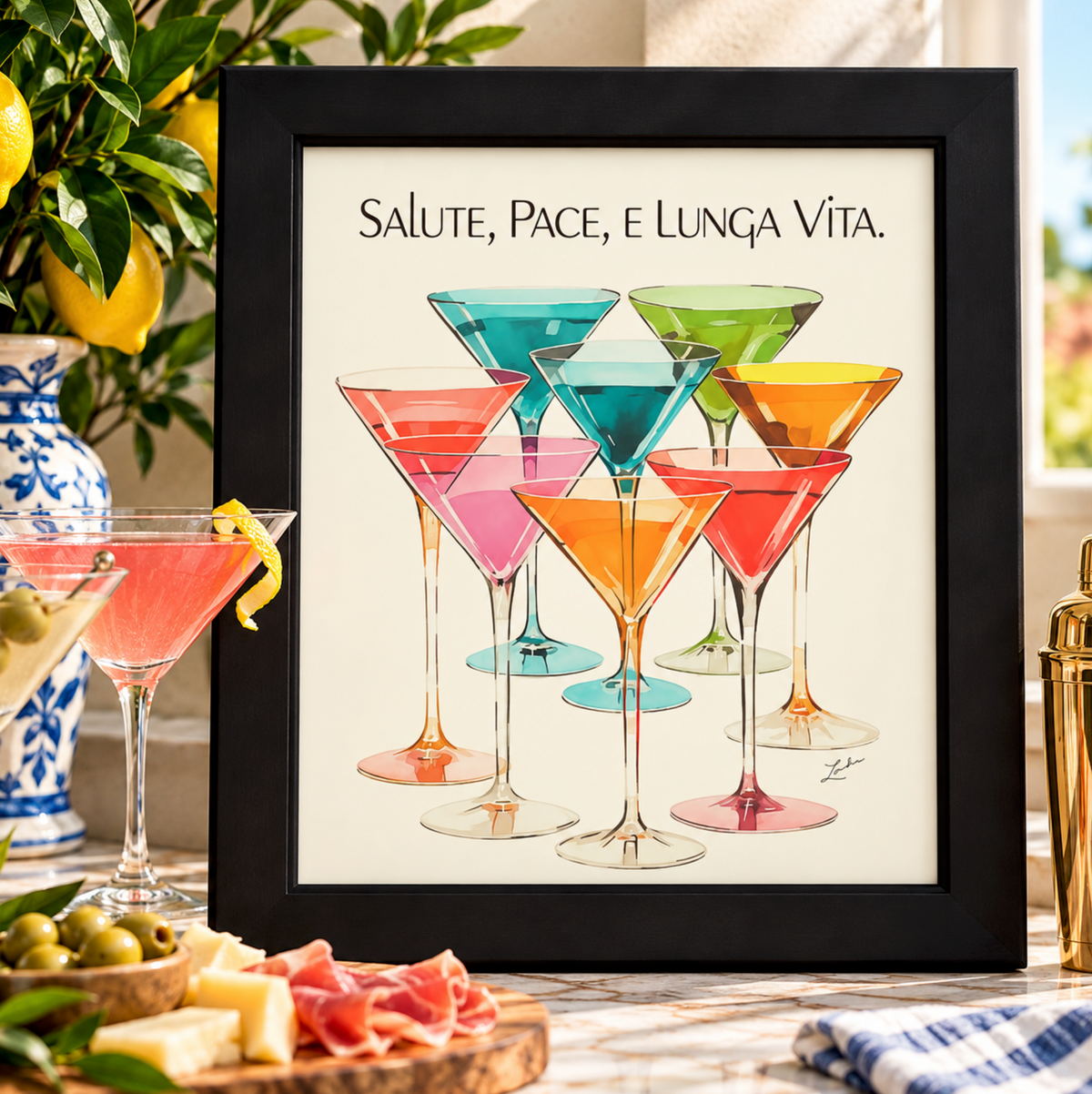 Salute Pace e Lunga Vita framed Italian wall art featuring colorful cocktail glasses, Italian proverb meaning health peace and long life, Mediterranean bar décor, Italian kitchen art, housewarming gift and Italian heritage home décor.