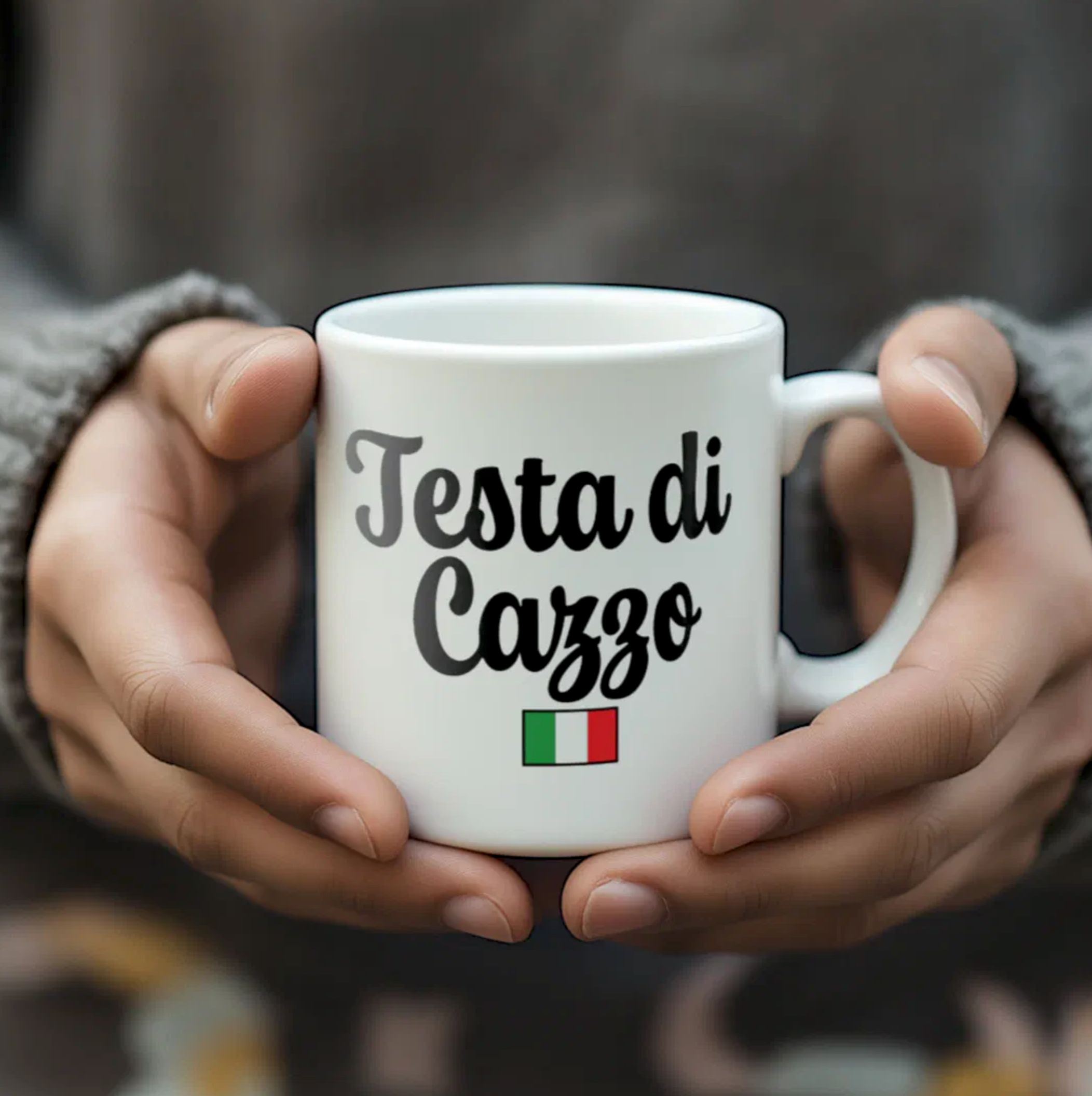 White mug with 'Testa di Cazzo' text and Italian flag held by hands against a blurred background