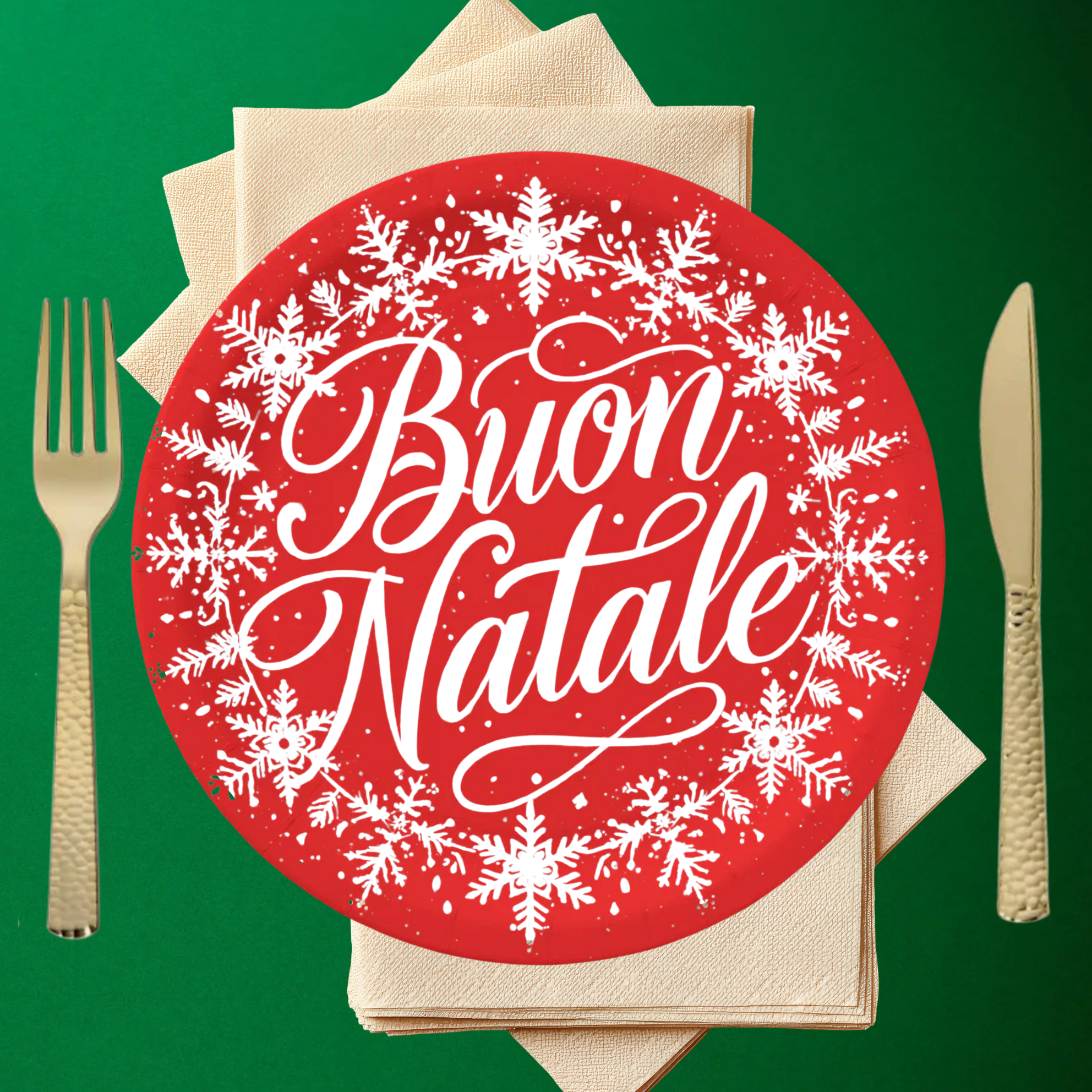 Red plate with 'Buon Natale' text and snowflakes on a green background with cutlery.