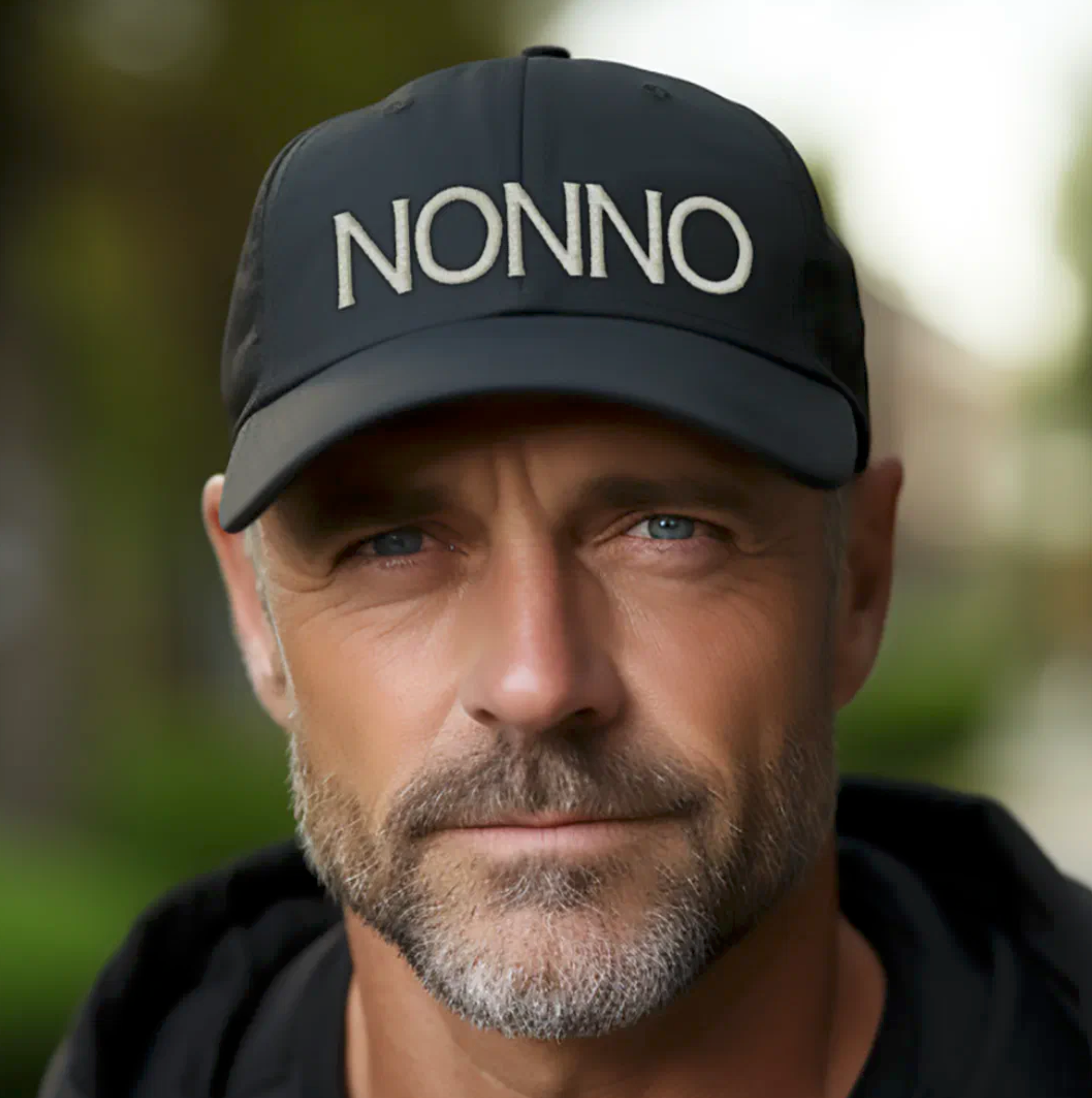 Man wearing a black cap with 'NONNO' text against a blurred natural background