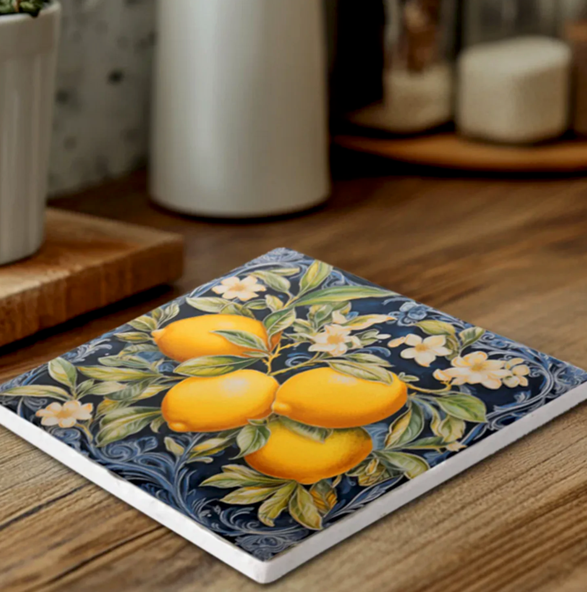 Italian lemons and blossoms on navy blue trivet with filigree European kitchen decor housewarming gift, gift for her, gift for mom, gift for grandmother.

