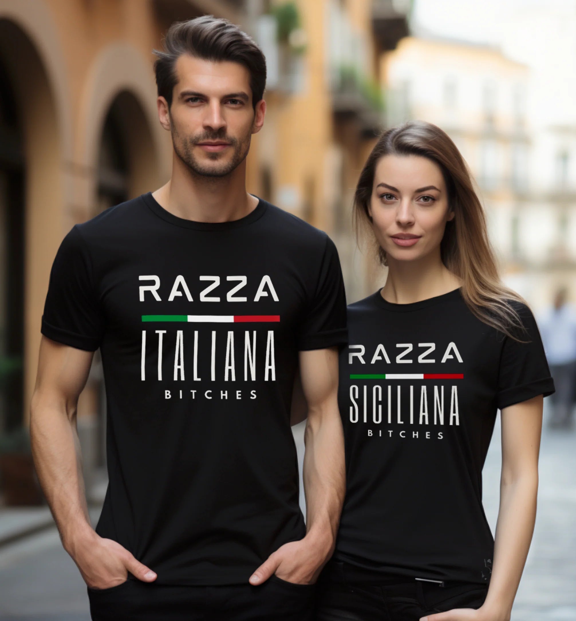 Funny Black T-shirts: Razza Italiana Bitches and Razza Siciliana Bitches, Italian gift for him, gift for her.