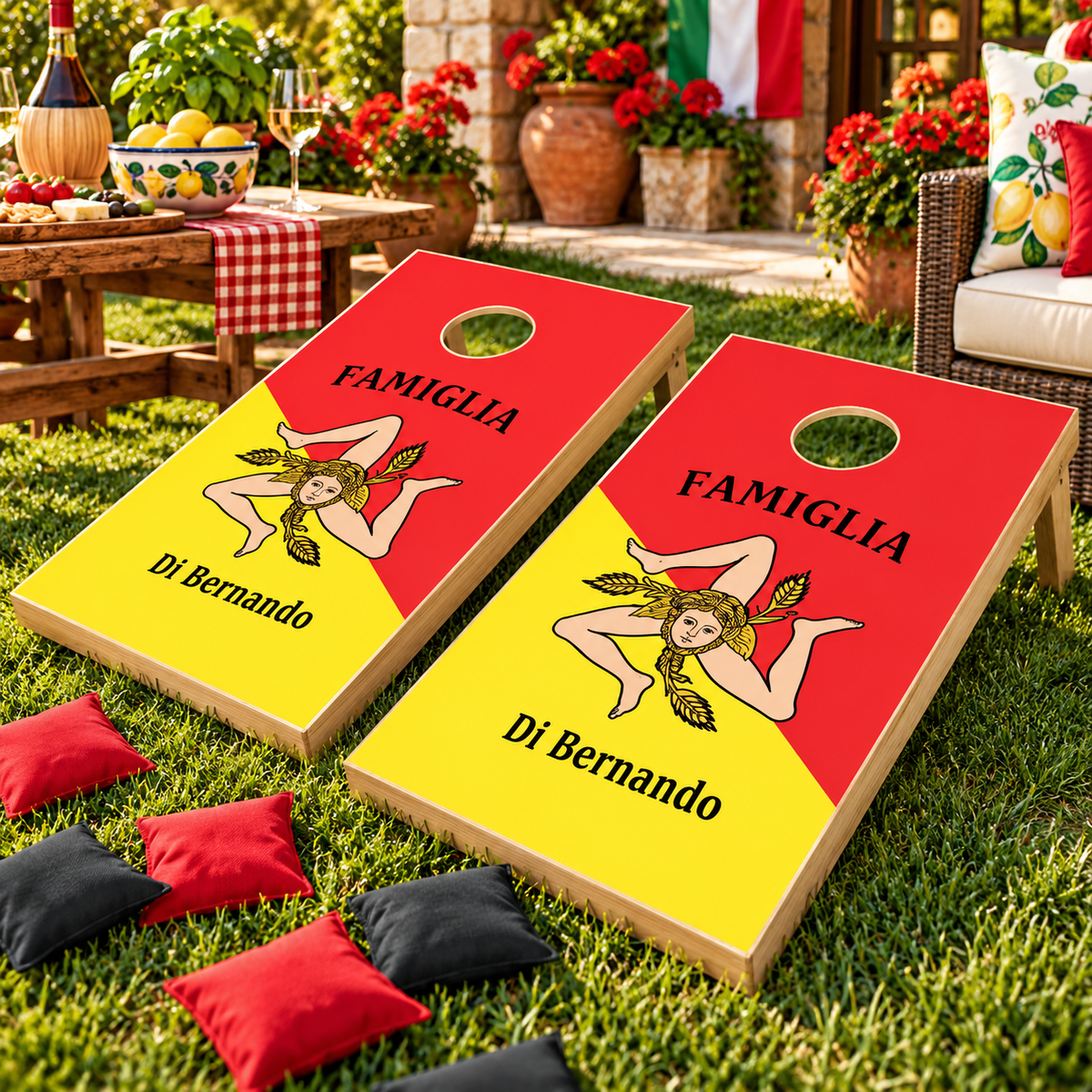 Personalized Sicilian flag cornhole boards with Trinacria design for Italian family reunions and parties.