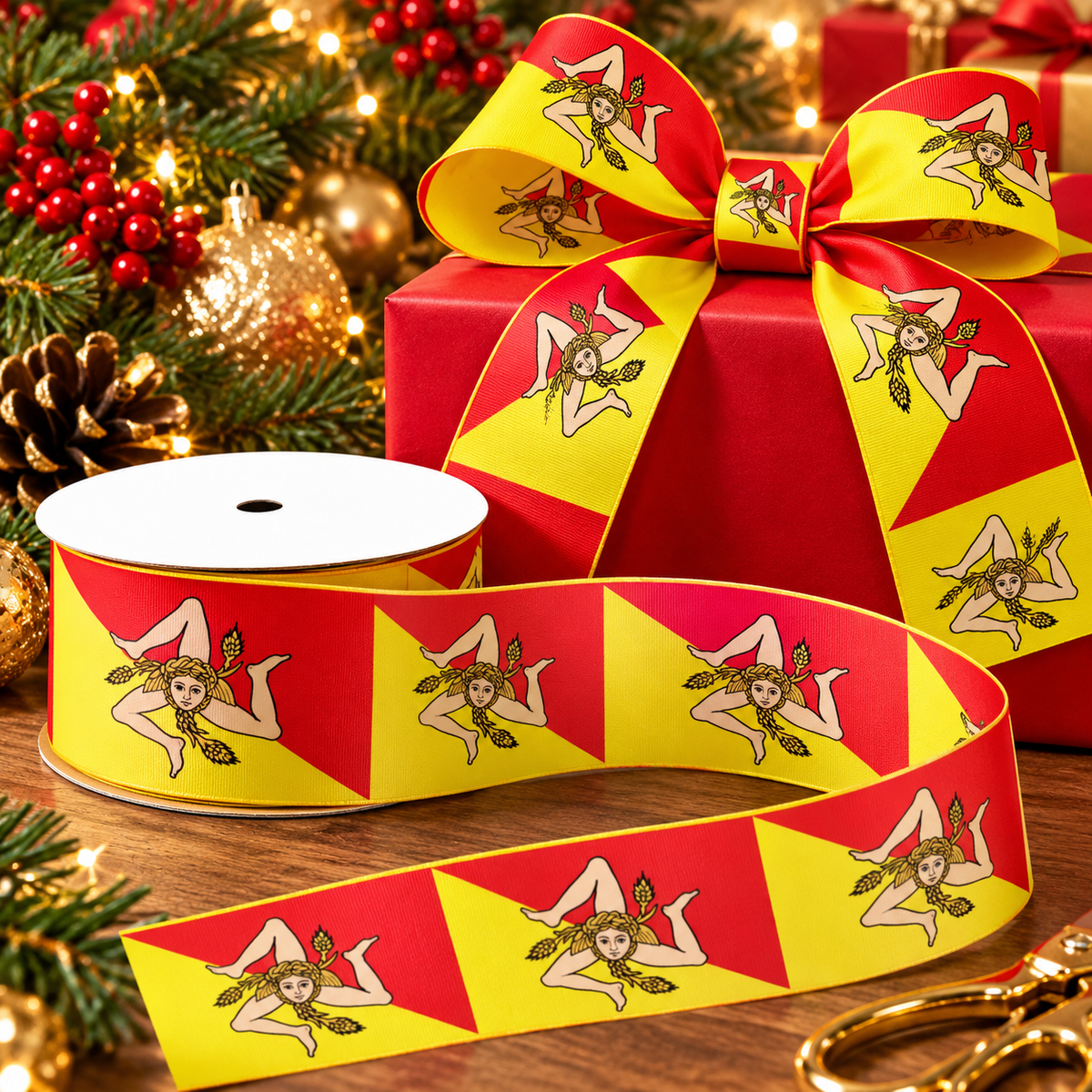 Sicilian flag satin ribbon with red and yellow Trinacria design, perfect for Christmas gift wrapping, Sicilian weddings, parties and Italian heritage celebrations.