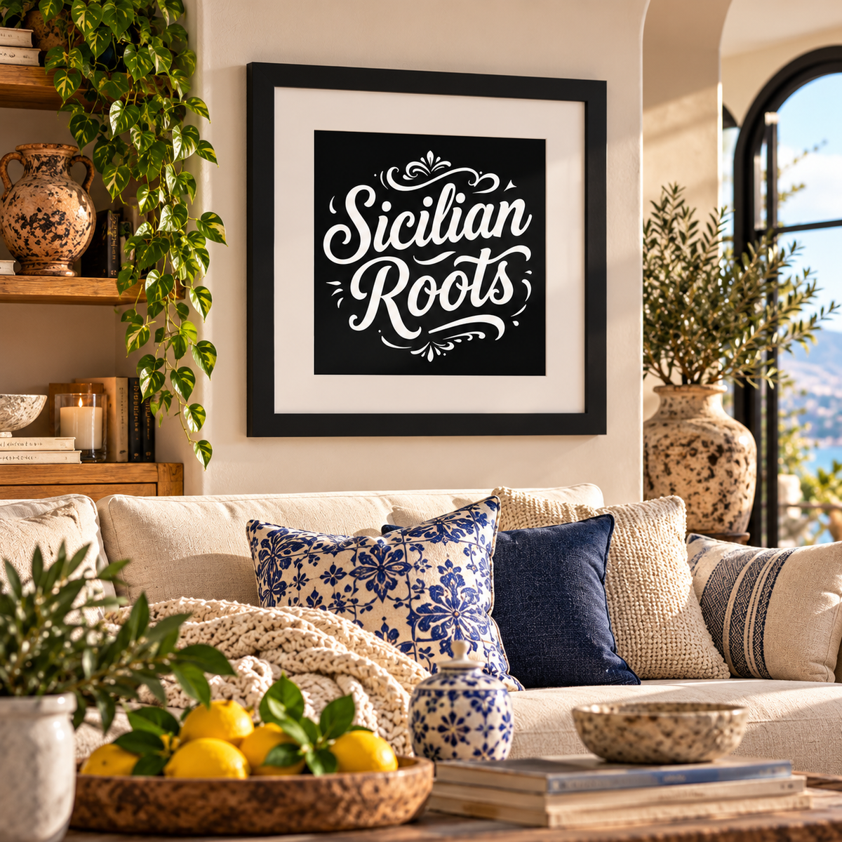Celebrate your Sicilian heritage with elegant “Sicilian Roots” framed wall art! Featuring bold white script, delicate ornamental scrollwork and a classic black background, this striking Italian and Sicilian ancestry print adds timeless Mediterranean charm to any living room. Beautifully displayed above a cozy sofa, it makes a meaningful housewarming, birthday, Christmas or family gift for proud Sicilians who cherish their roots, traditions and family history!