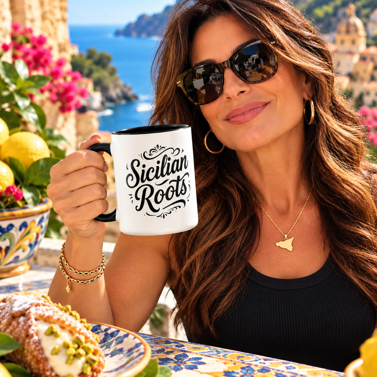 Woman wearing sunglasses, black tank top, and gold Sicily necklace holding a black-and-white Sicilian Roots coffee mug on a sunny Mediterranean terrace overlooking the sea.