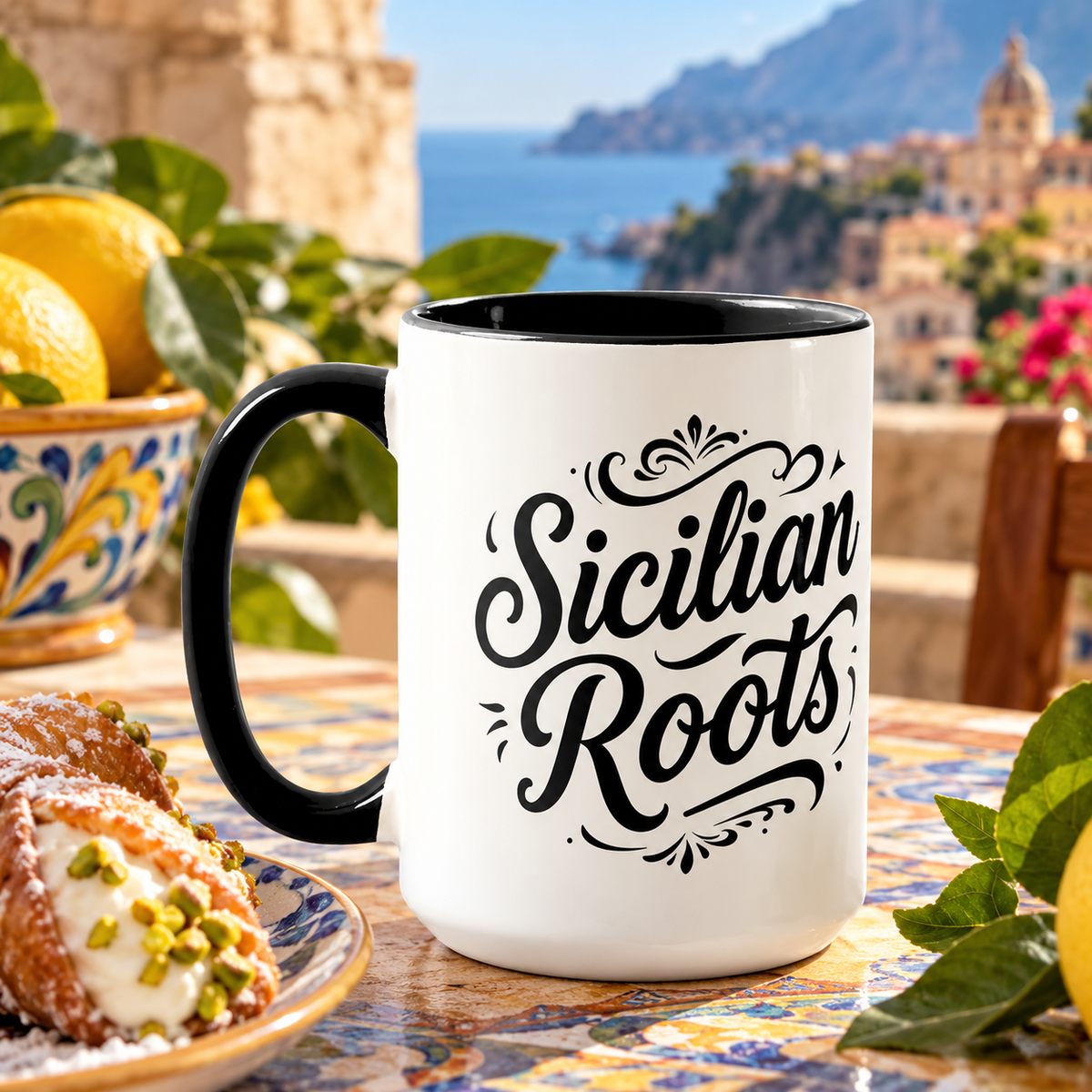 Sicilian Roots coffee mug with black handle and interior, displayed on a sunny Mediterranean terrace with Sicilian lemons and colorful Italian ceramics.