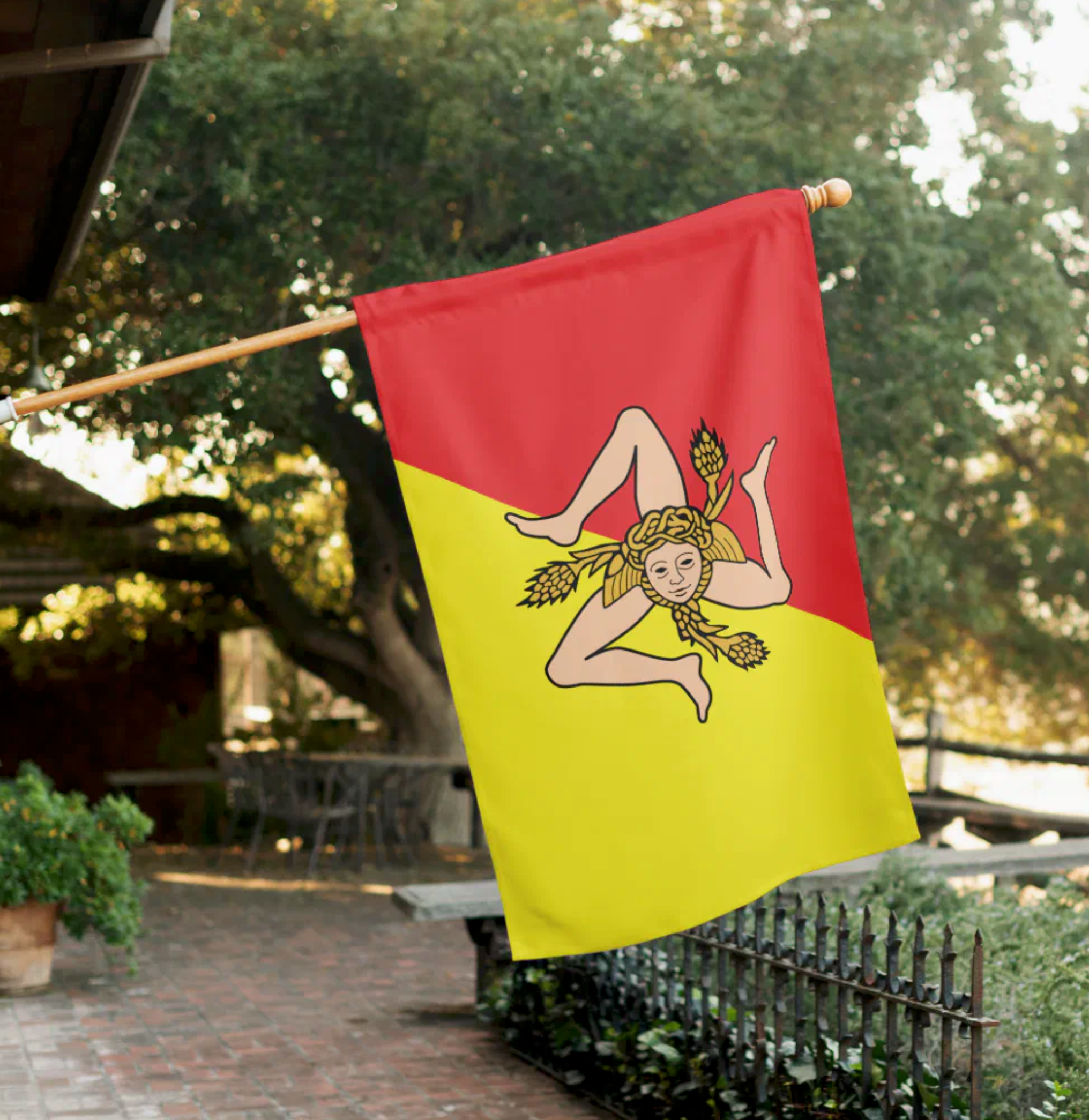 Sicilian House Flag featuring flag of Sicily with Trinacria symbol. Housewarming gift for Sicilians or lovers of Sicily.