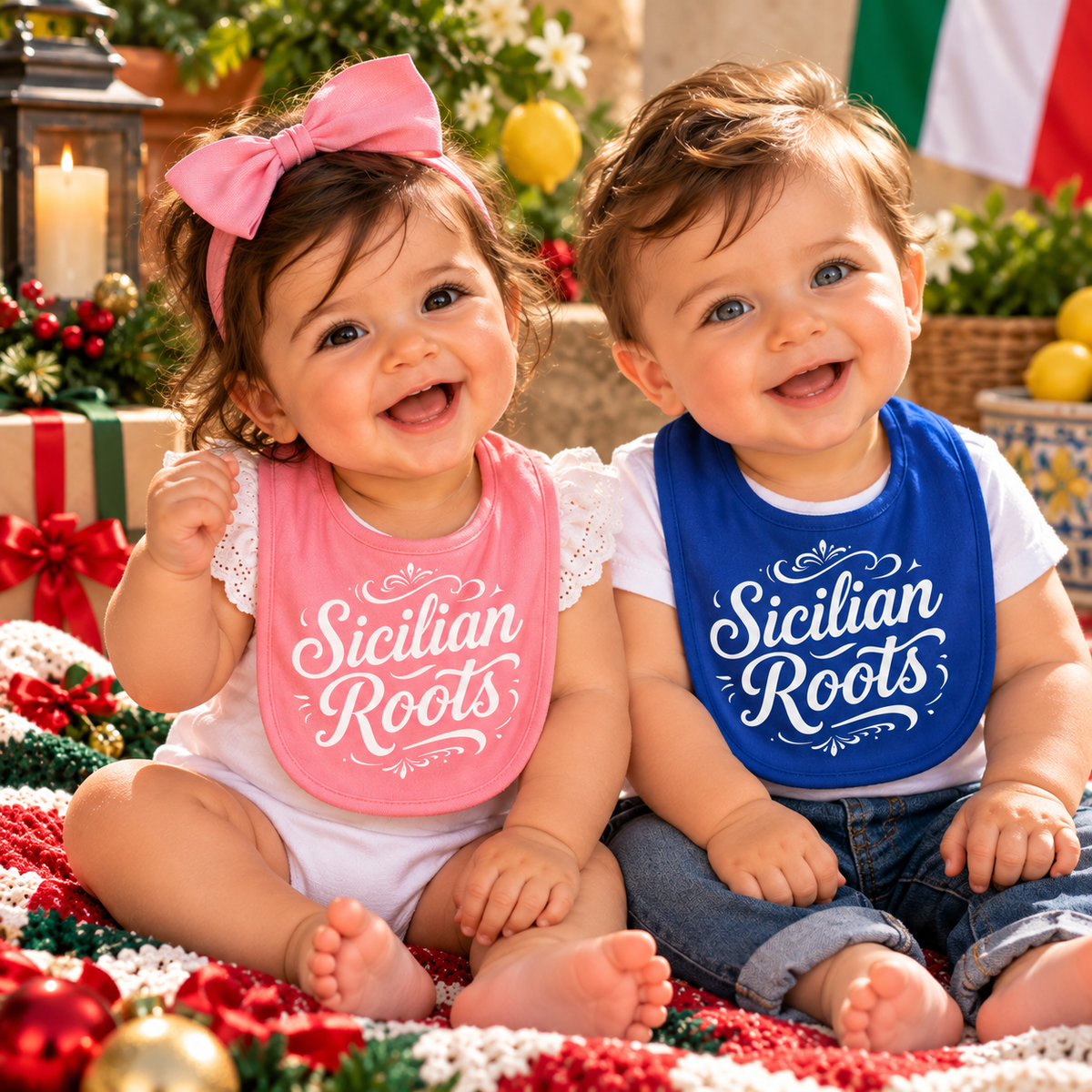Two adorable babies wearing pink and royal blue “Sicilian Roots” bibs. Cute Sicilian baby shower gifts.