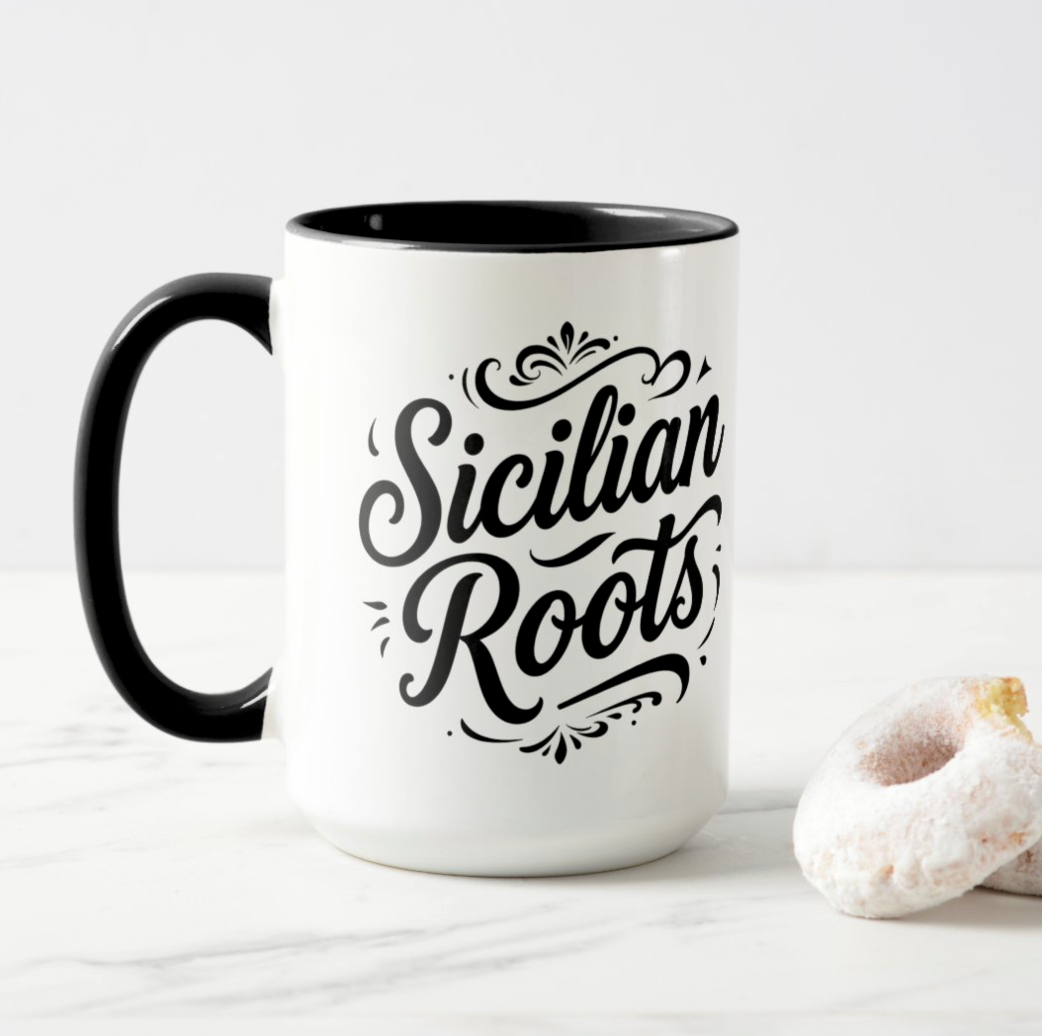 Sicilian Roots ceramic mug featuring refined white script design inspired by Italian and Sicilian ancestry
