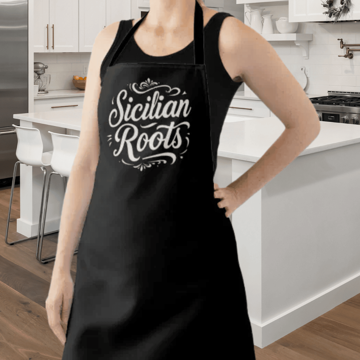 Sicilian Roots black apron featuring elegant vintage script and scrollwork, celebrating Italian Sicilian heritage and Sicily roots