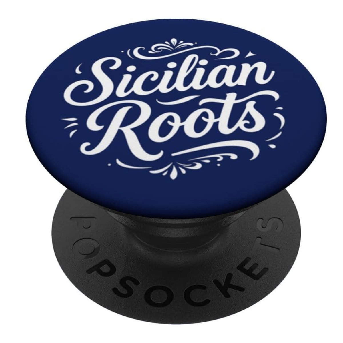 Sicilian Roots navy PopSocket® featuring elegant vintage script and scrollwork, celebrating Italian Sicilian heritage and Sicily roots