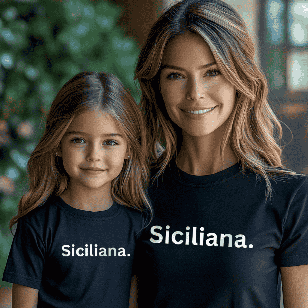 Woman and child wearing black 'Siciliana.' t-shirts. Sicilian Heritage gift for mother, gift for girls.