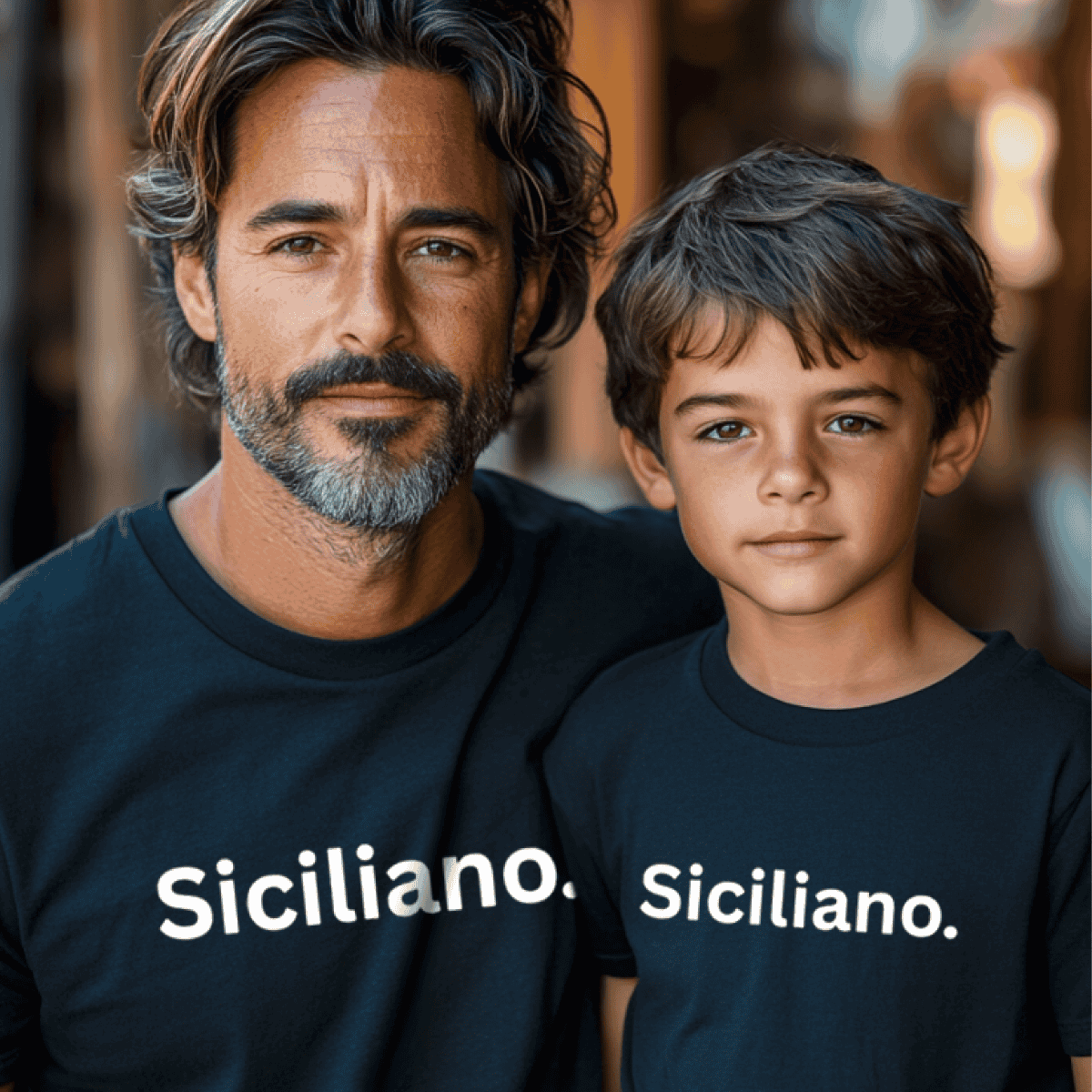 Man and child wearing 'Siciliano' t-shirts. Sicilian Heritage gift for father, gift for boys.