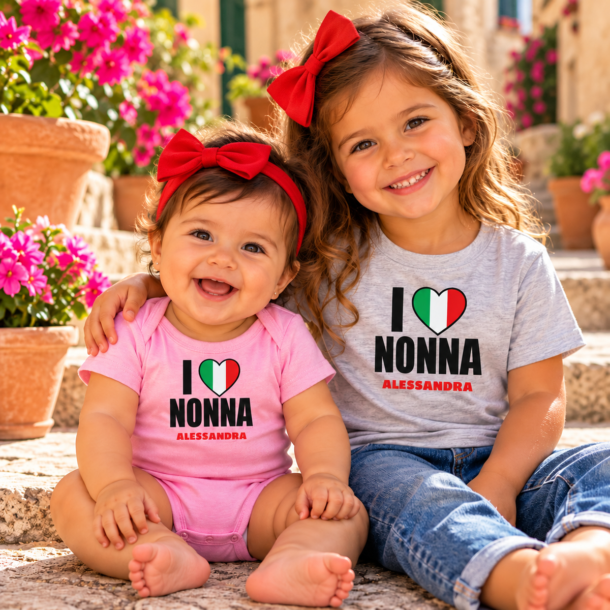 Two sisters wearing personalized I Love Nonna Alessandra Italian baby bodysuit and kids' T-shirt.