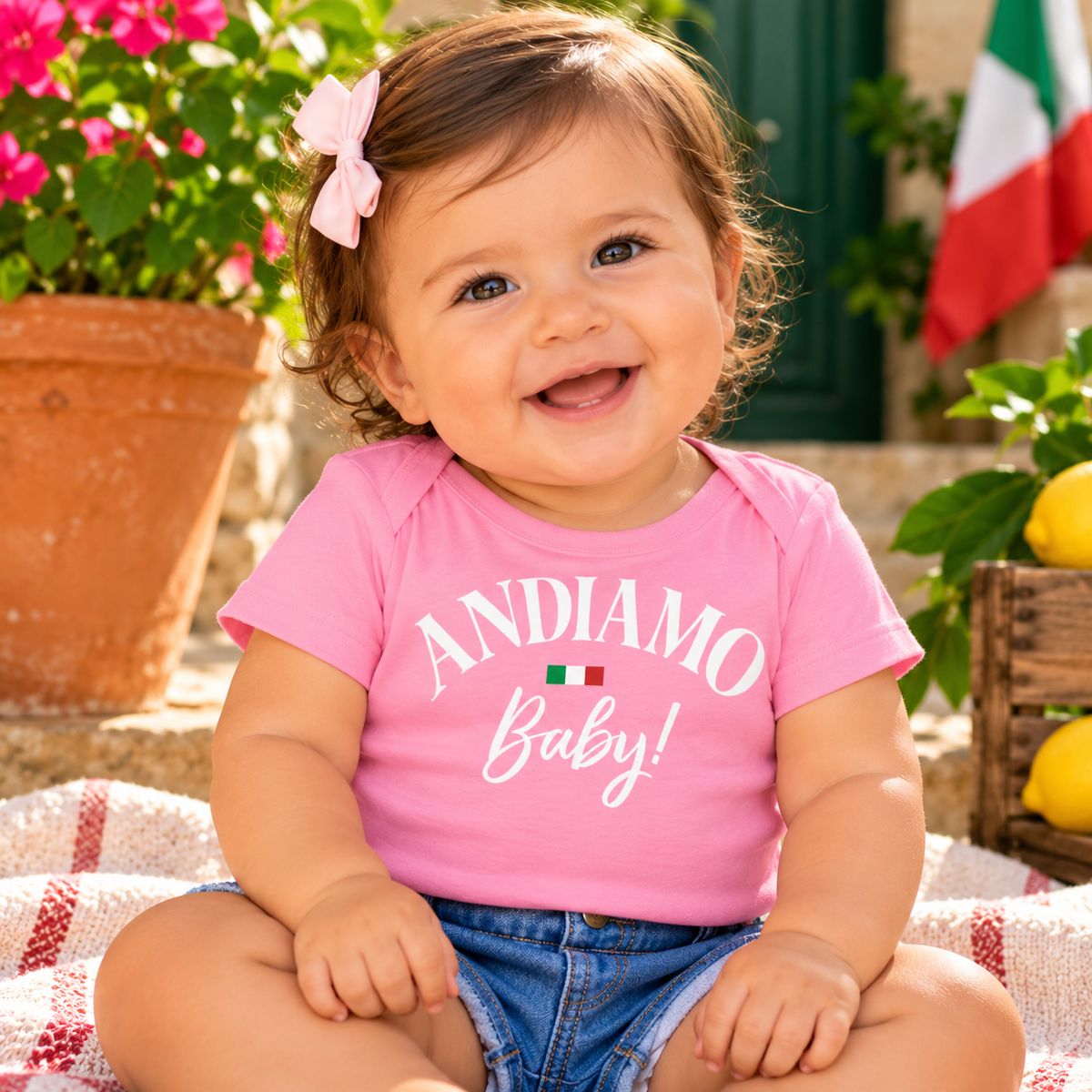 Adorable baby girl wearing a pink “Andiamo Baby!” Italian heritage shirt with Italian flag accent. Available as a baby bodysuit, baby T-shirt and toddler tee. Perfect for Italy travel, family vacations, reunions and celebrating Italian roots.