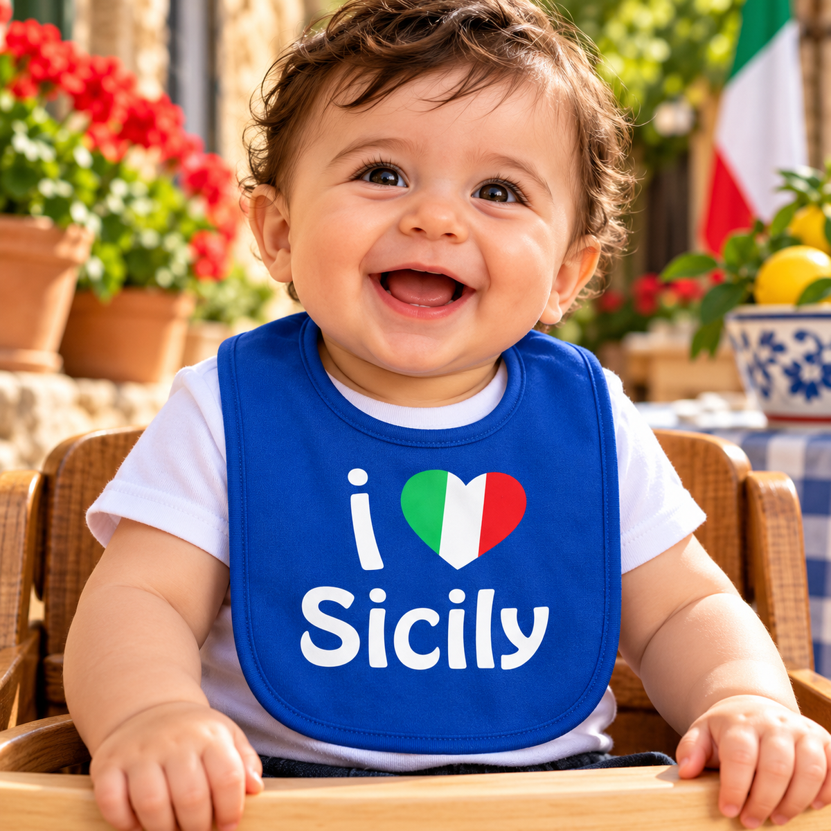Happy Italian baby boy wearing a royal blue “I Love Sicily” bib with an Italian flag heart. Cute Sicilian baby gift celebrating Italian heritage.