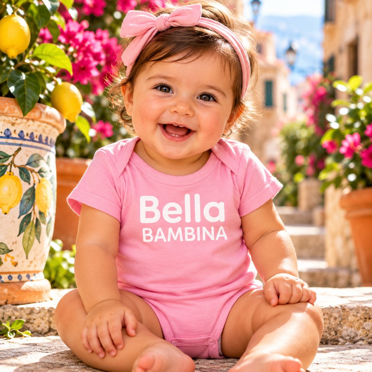 Smiling baby girl wearing a pink Bella Bambina Italian bodysuit, meaning beautiful little girl.