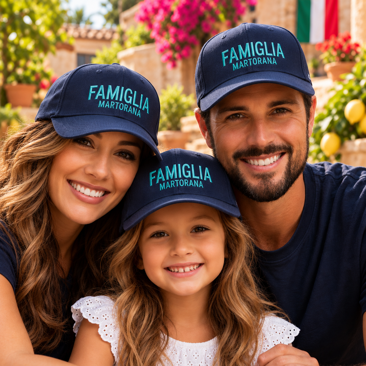 Italian family wearing matching personalized navy Famiglia Martorana baseball caps celebrating Sicilian heritage.
