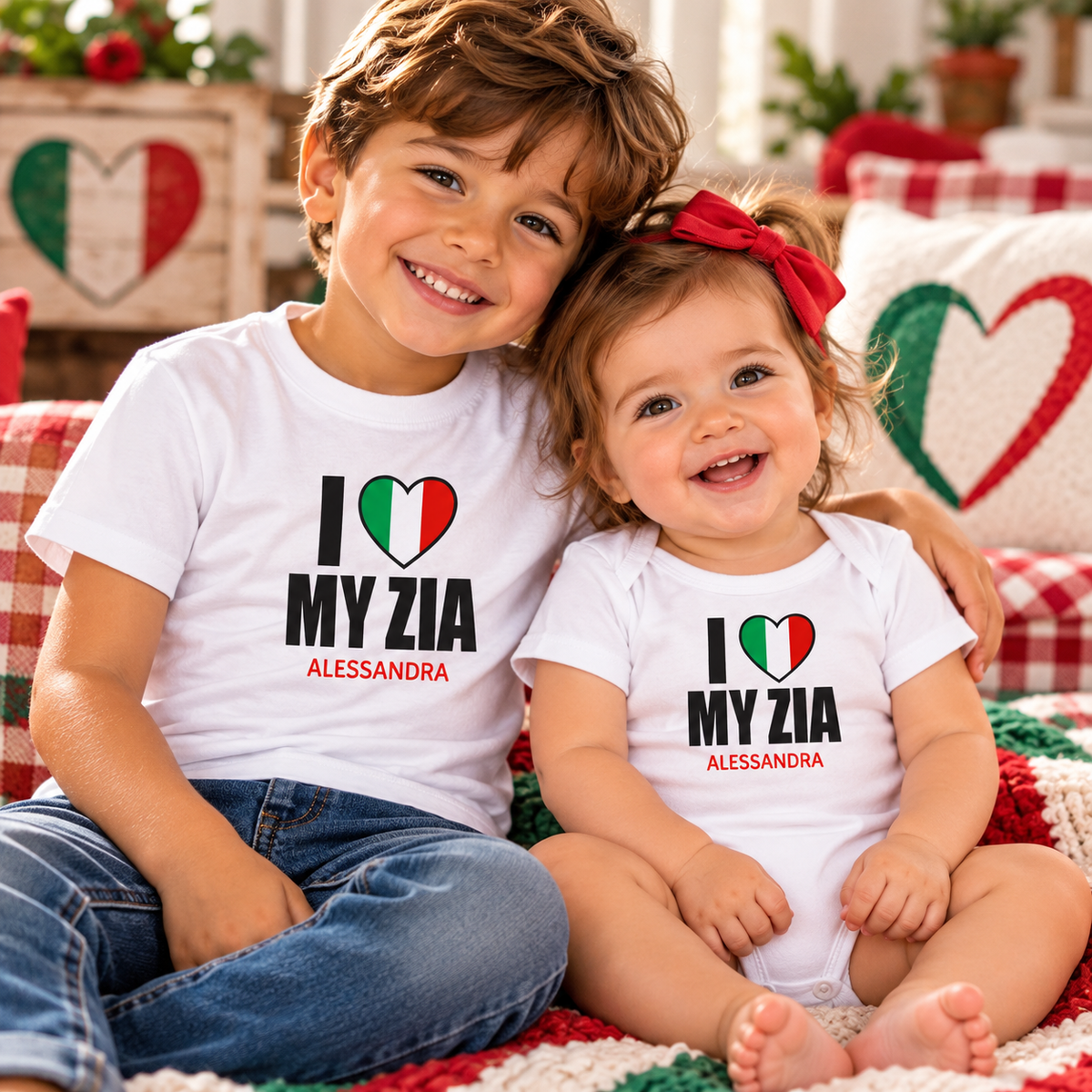 Brother and sister wearing personalized I Love My Zia Alessandra Italian baby bodysuit and kids' T-shirt.