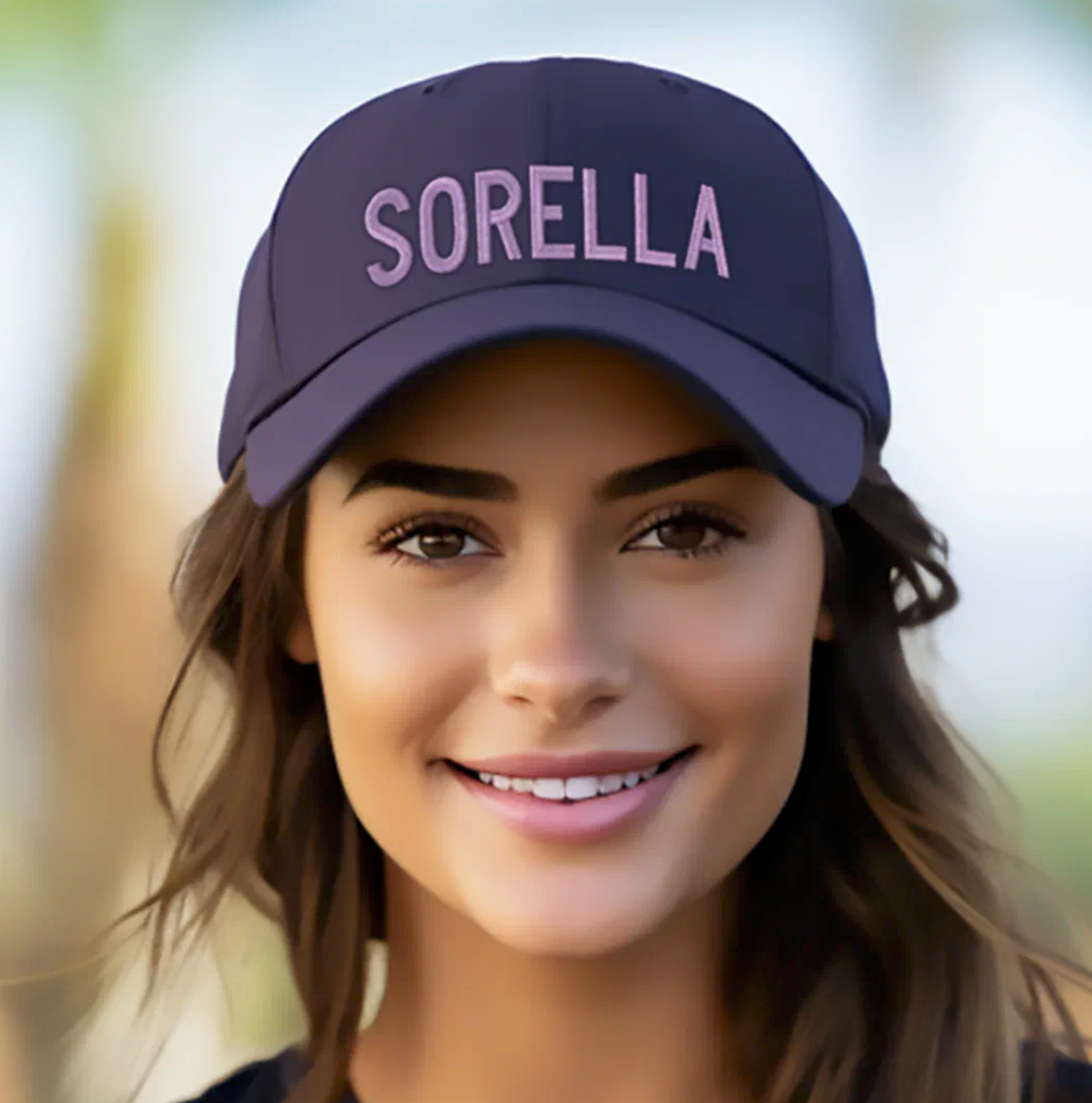 Woman wearing a navy cap with 'SORELLA' embroidered on it; gift for Italian sister or sister who loves Italy.