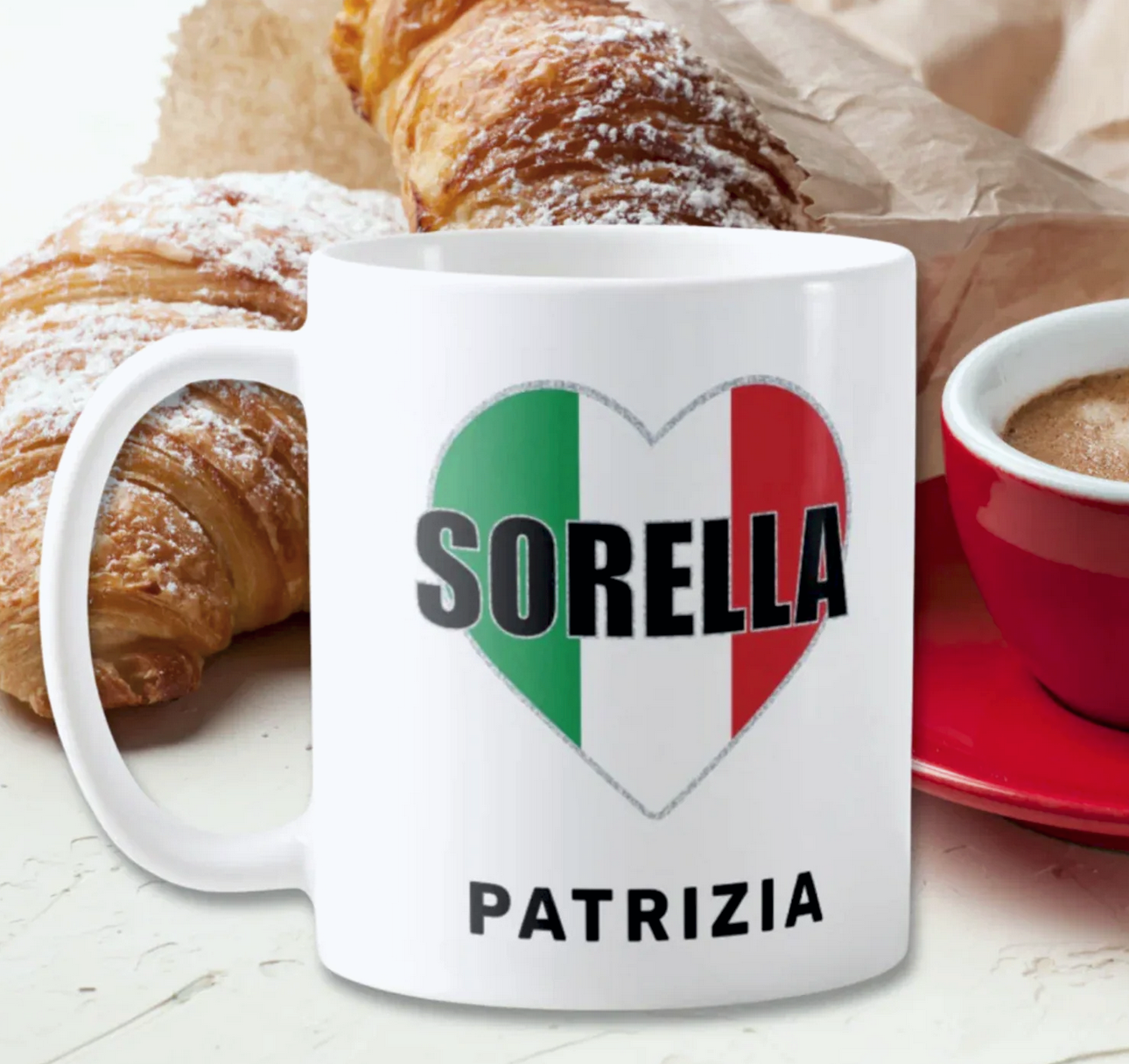 Sorella Italian Flag Heart Mug with personalized name; heritage gift for sister, Christmas gift, gift for her.
