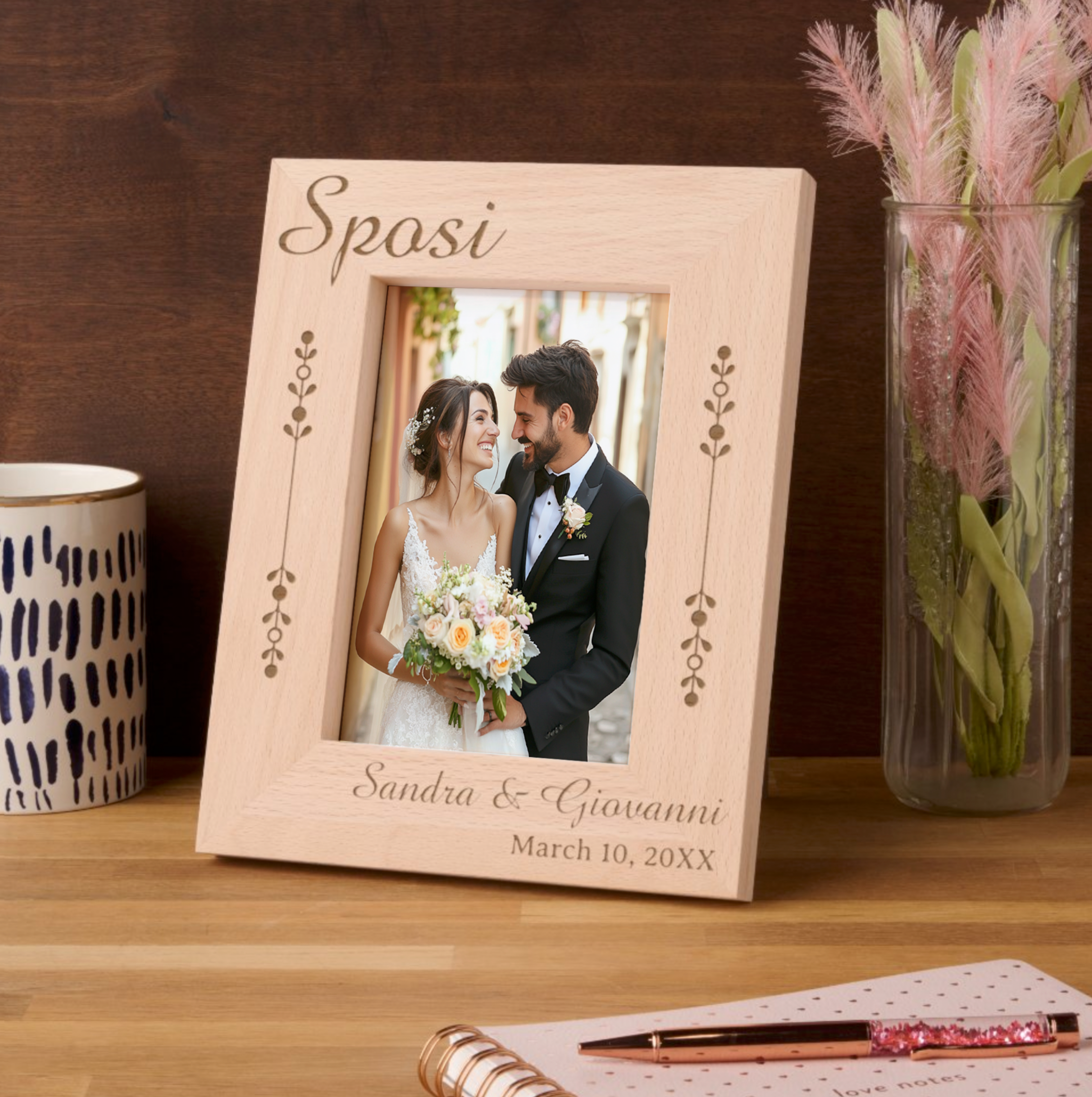 Etched Sposi wooden frame with personalization, Italian heritage gift for newlyweds. Custom photo frame, wedding gift, anniversary gift, engagement gift, bridal shower gift, gift for couples.
