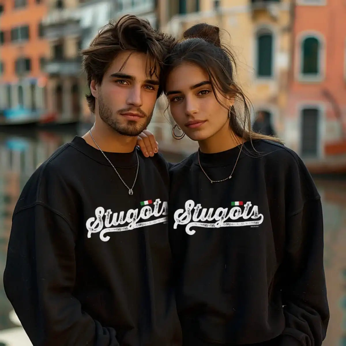 Stugots Vintage Script Sweatshirt with Italian flag; funny edgy Italian Sicilian slang word gift for him, gift for her, Christmas gift. Check out the sweatshirt collection of heritage designs at Italian Sicilian Gifts.
