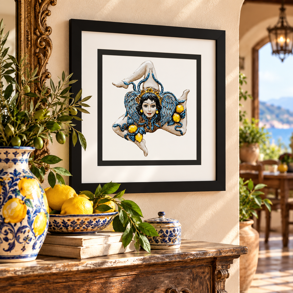 Celebrate your Sicilian roots with this beautiful Trinacria of Sicily framed wall art! Featuring the iconic three-legged Sicilian symbol with a woman's face, intricate blue detailing and golden accents, this distinctive artwork brings authentic Sicilian heritage and Mediterranean charm to your home. Beautifully displayed in an Italian-inspired entryway with traditional ceramics and rustic decor, it makes a meaningful housewarming, wedding, Christmas or family gift for proud Sicilians and anyone who holds Si