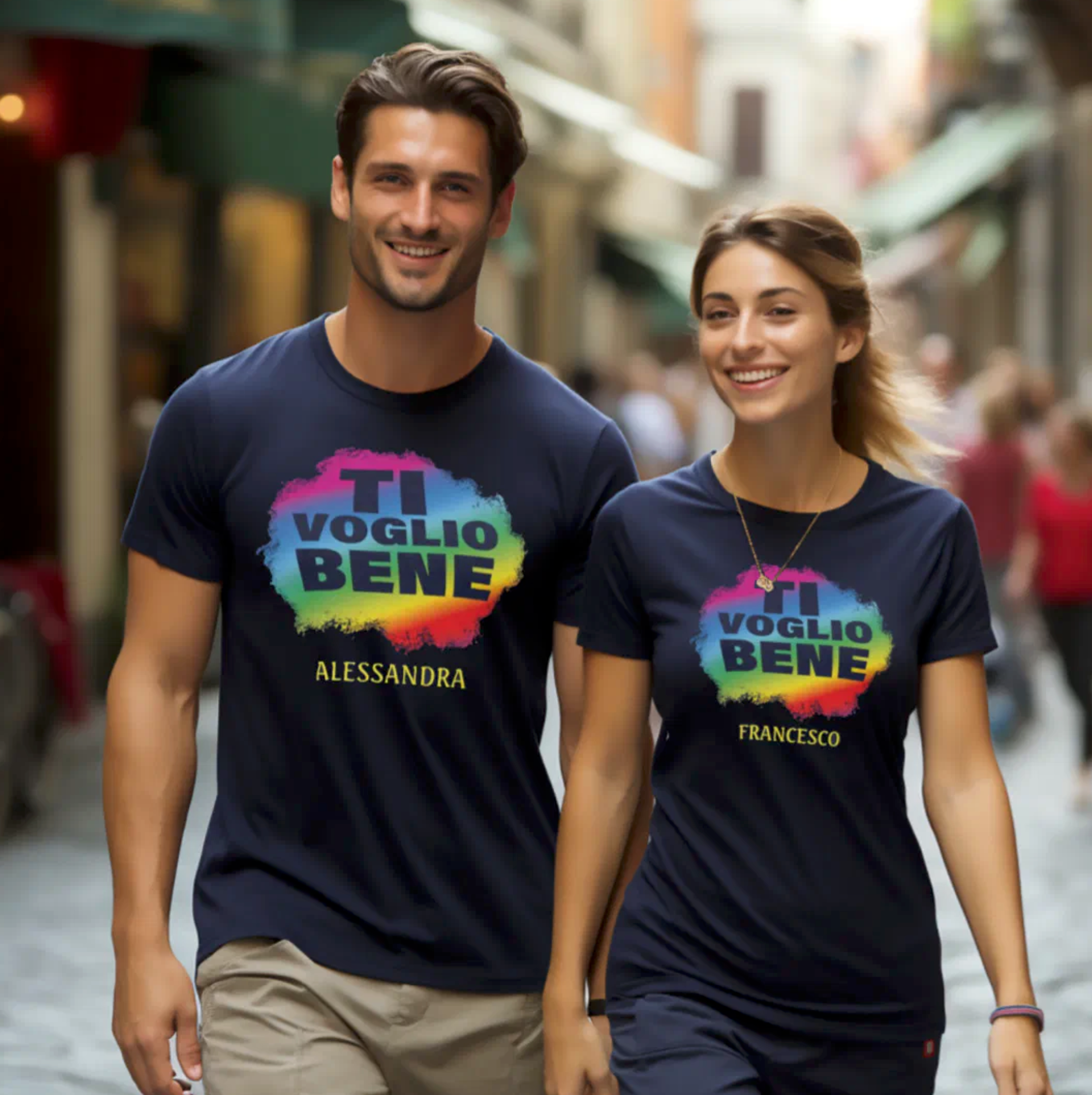 Couple wearing navy personalized 'Ti Voglio Bene' (I love you)  Navy T-shirts. Italian heritage gift for her, gift for him, valentine's day gift, Christmas gift, couple gift, engagement gift, anniversary gift.