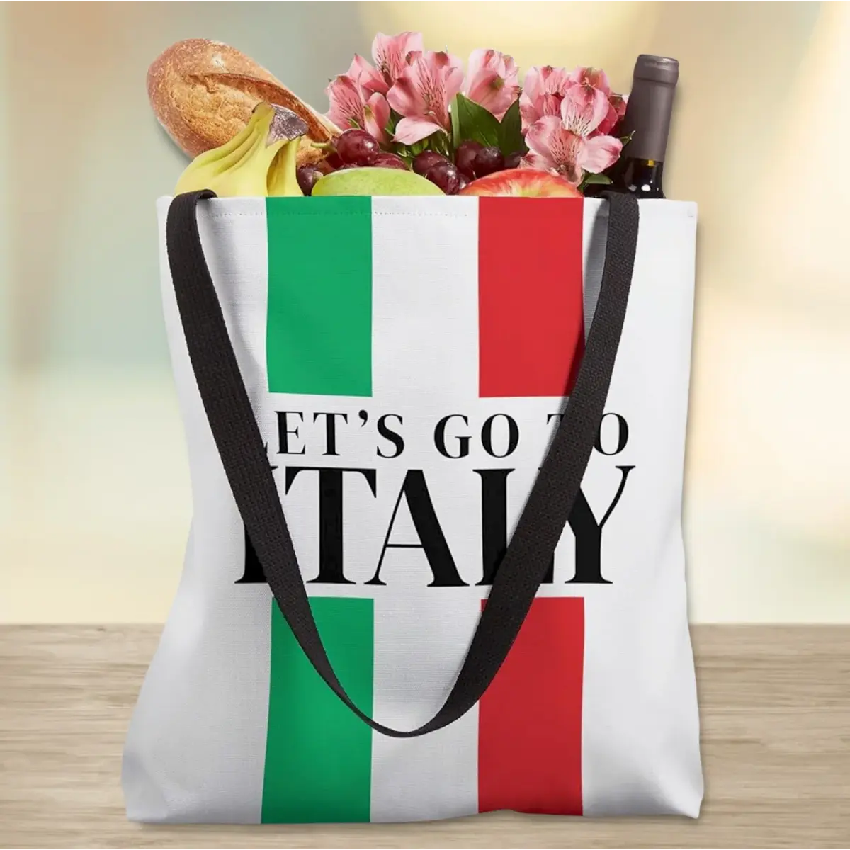Tote bag with Italian flag design and 'Let's Go to Italy' text, filled with groceries. Heritage gift for her, gift for women, gift for mom, gift for grandmother, housewarming gift, gift for travel lover, tote bag for going to the Italian market.