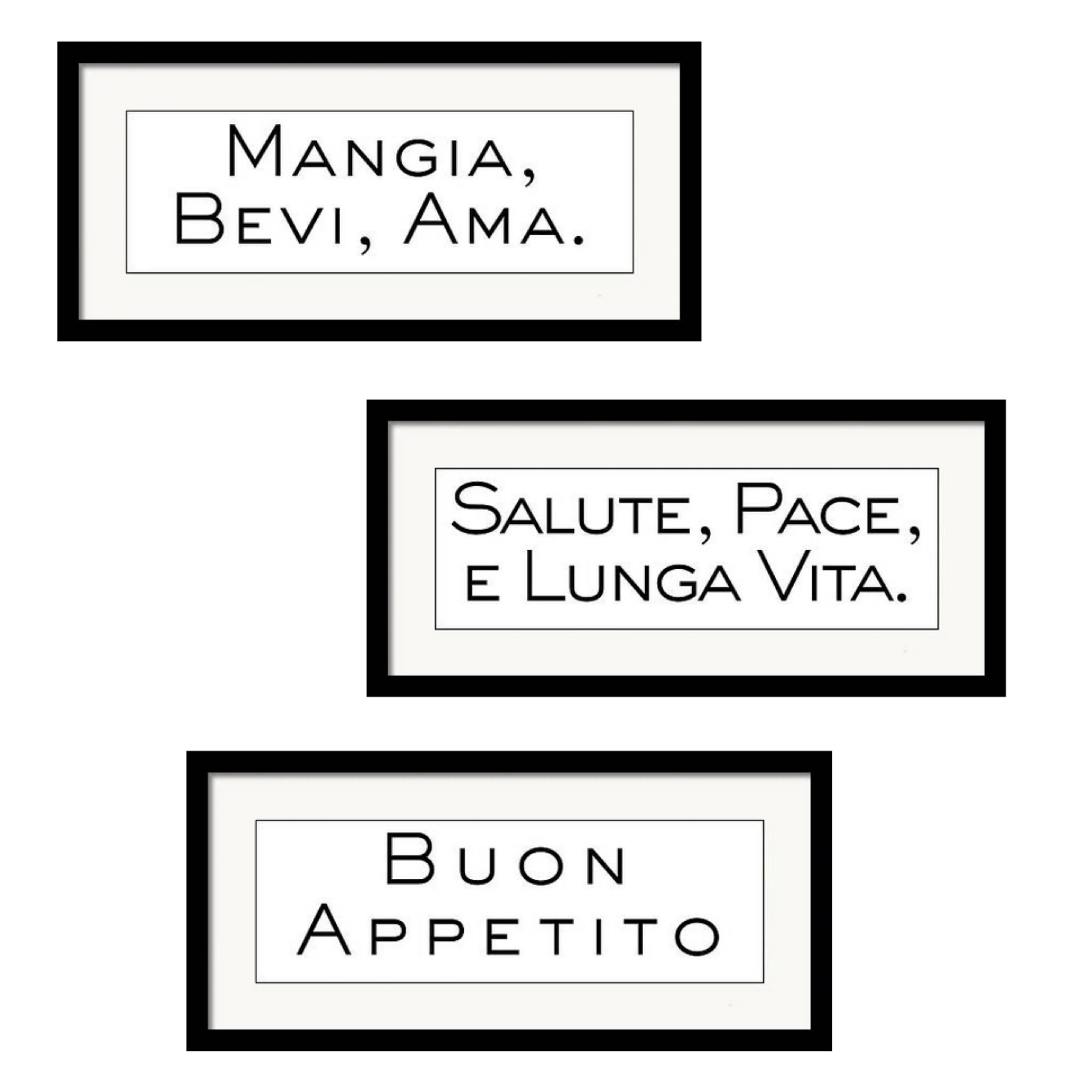 Triage Wall Art of Italian Sayings Mangia, bevi, ama (eat, drink love) Salute, Pace, e Lunga Vita (health, peace and long life) Buon Appetito (Good appetite) for Italian heritage housewarming gift and heritage home decor.